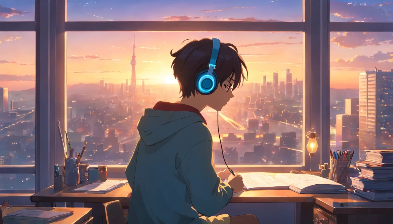 masterpiece, best quality, movie still, 1boy with headphones, reading, desk with lamp, city view outside window, bright, happy, warm soft lighting, relaxing, (sparks:0.7)