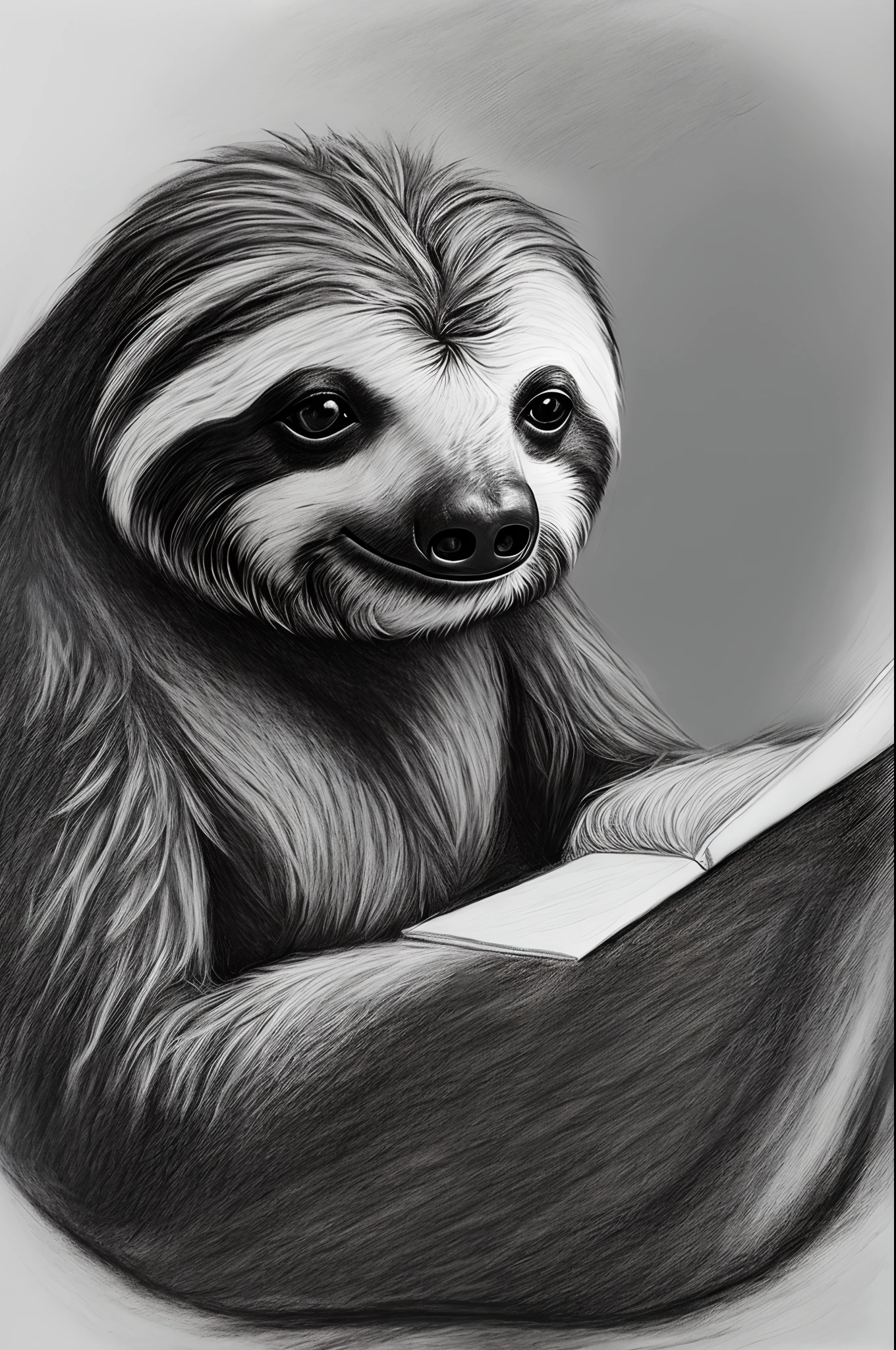 Charcoal drawing of sloth doing homework