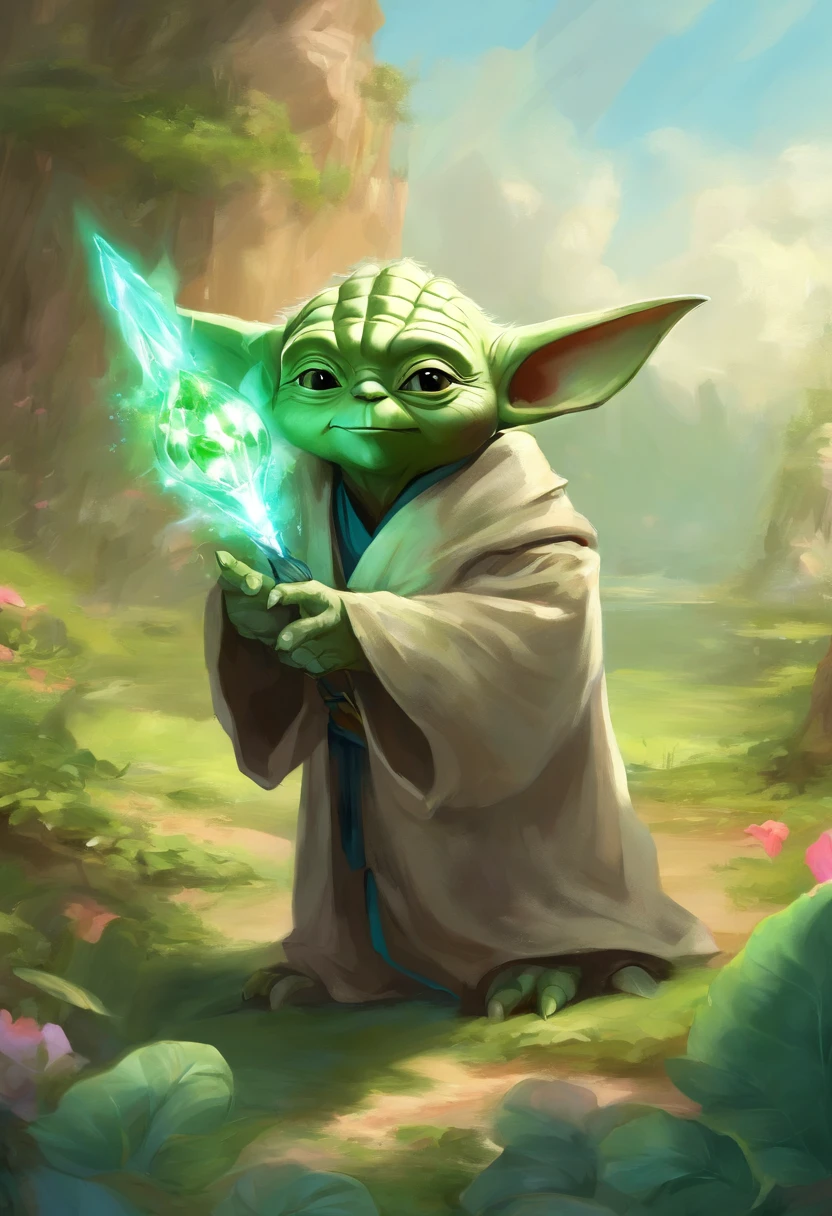 Yoda as a Pokémon trainer with Bulbasaur