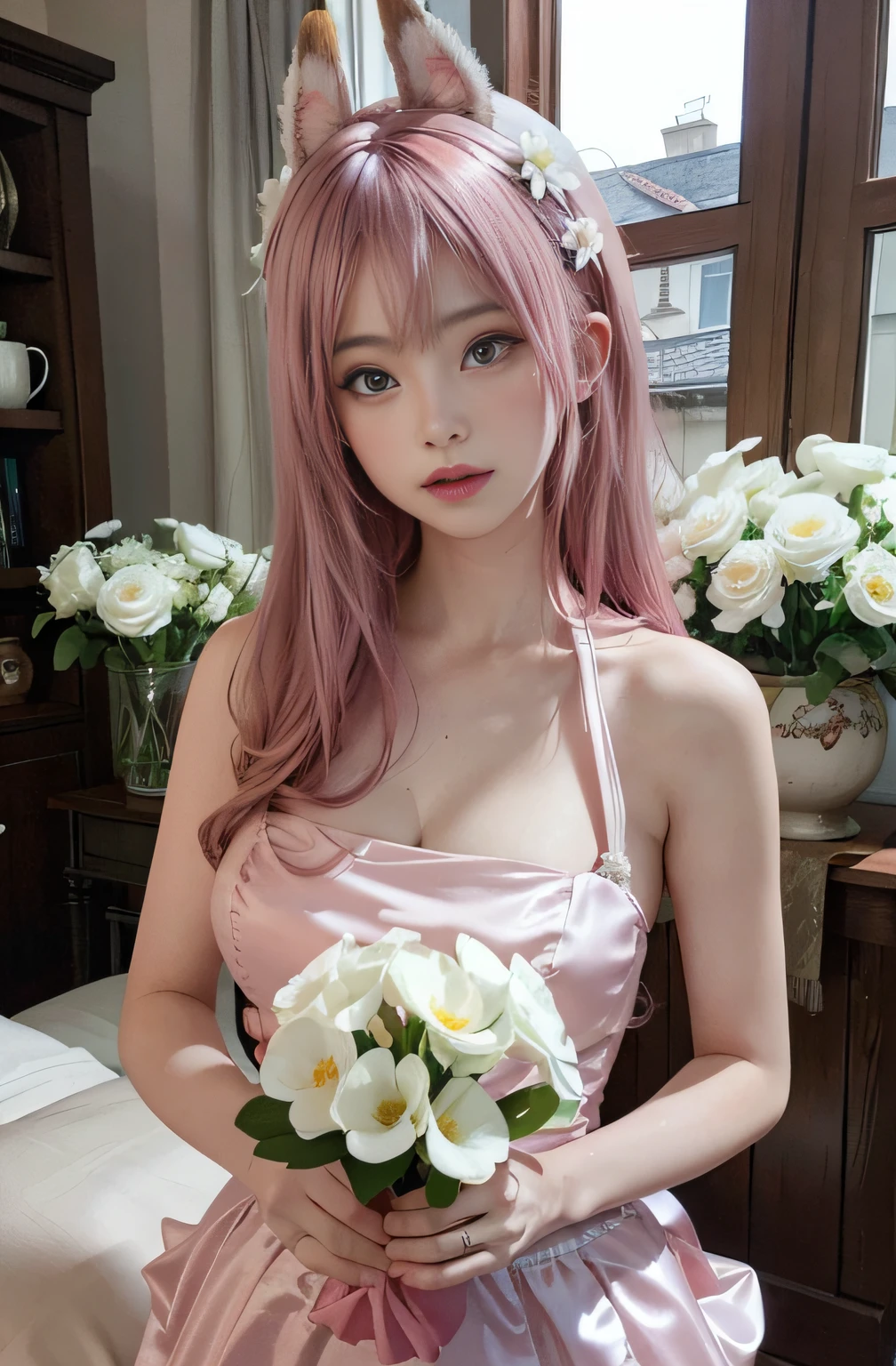 Cute and sexy girl, with pink hair, bunnygirl, Surreal, Detailed lighting, and soul, Holding a bouquet of white flowers,highest quality,Different actions