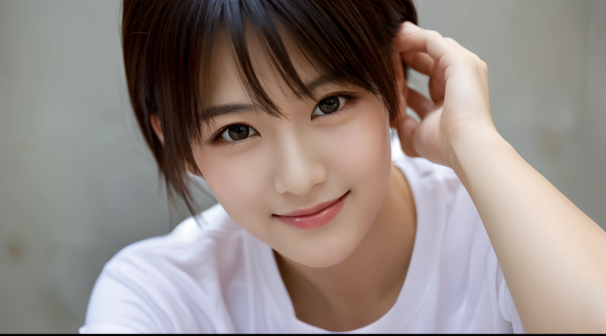 Top resolution、16K high image quality、A slight smil、"wearing white t-shirts、small tits、Concrete wall in the back、Leaning against the wall、Salon model、Model Beauty、A Japanese Lady、Woman in her late 20s、Looking at the camera、Tight bob style、tight shorthair、highlydetailed skin、Detailed skin、Detailed eyes、Like a raw photo、Portrait photos、Detailed makeup、Looks like a model、cute  face、Mode Style