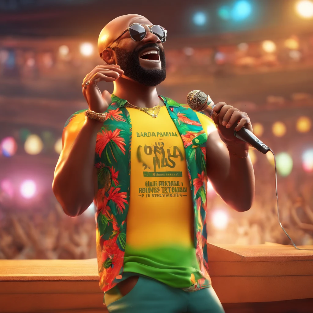 /Imagine uma gordura, Bald black man without beard singing samba with a Brazilian tropical t-shirt and a microphone in his hand