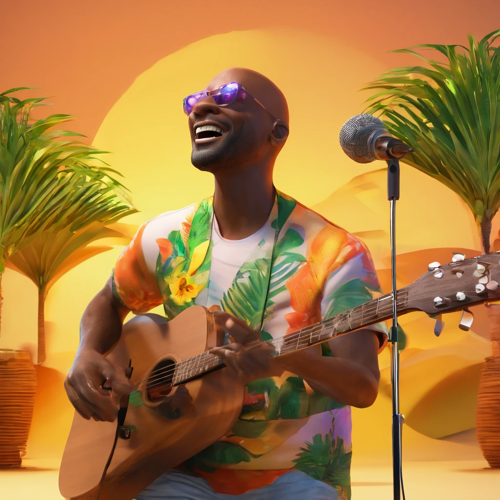 /Imagine uma gordura, Bald black man without beard singing samba with a Brazilian tropical t-shirt and a microphone in his hand