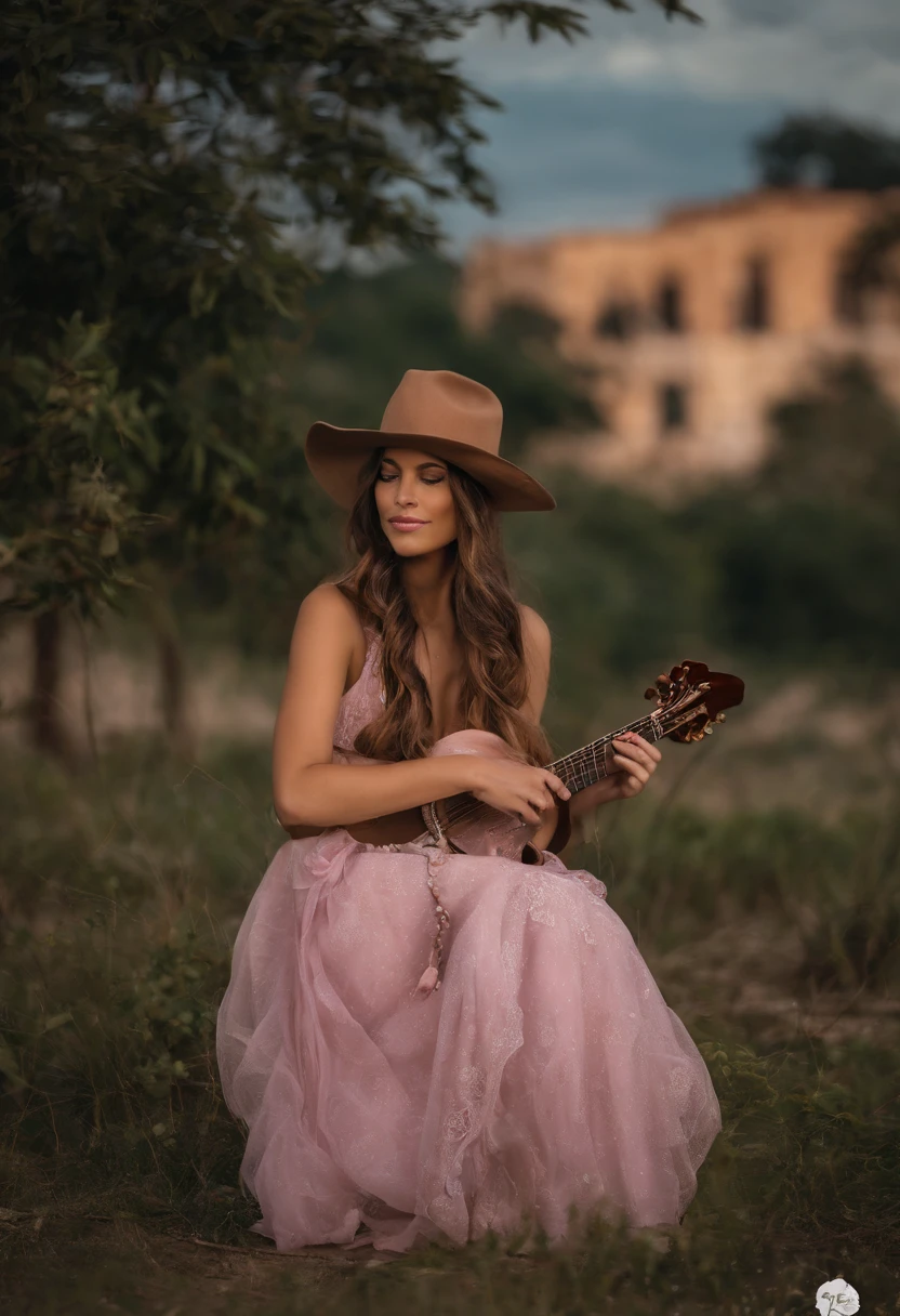 (1girl, todo), (sozinho de guitarra), saia bolha, Camisa Aqua, arco, bowtie, buds, camisa de gola, no expression, sobrancelhas escondidas pelo cabelo, fox mask, cowboy shot, cabelos longos, mangas compridas, WMASK, Multicolored buttons, olhos cor-de-rosa, cabelo rosa, saia laranja, Xadrez, camisa xadrez, purple bow, gravata borboleta roxa, camisa, saia, sozinho, cabelos muito longos, mar, oceano, Praia, Nublado, raios solares, twilights, lua, Cloud, heaven, ao ar livre, Cloudy sky, folha, ruins, raio de sol, post-apocalypse, side view