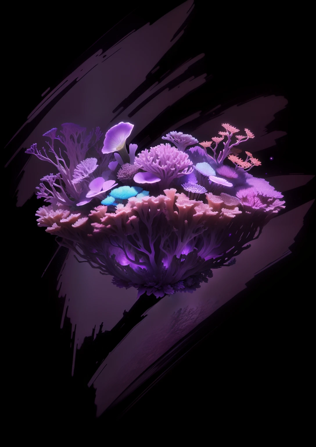 Purple flowers in a vase,The background is a purple moon, simulacrum of a space fungus, dark but detailed digital art, digital art highly detailed, rendered illustration, Fractal fungi, 3d grainy aesthetic illustration, Mandel ball vector art, 4k highly detailed digital art, digital painting highly detailed, Purple bioluminescence,Generate a poster about protecting coral reefs