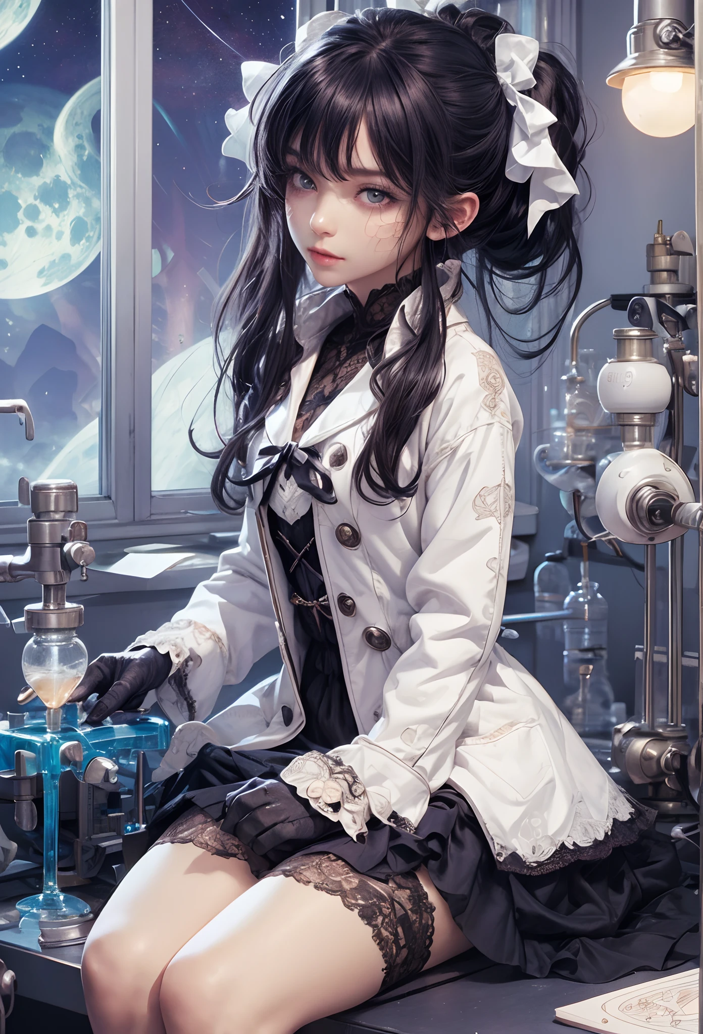 (Detailed illustrations,Very detailed and detailed drawing,Delicate lines with slow and rapid,Realistic texture expression),[Color tressed main line],(Old laboratory[Moon Night]),((Frankenstein's MonsterGIRL) 14years (Stitched skin [seam[Splicing]])[electrode] [SKINNY]) Artificial human,bandaged ((Manteau blanc) [Ren Hao(frilld)bow ribbon])[knee high socks],[Soft ambient light][[Halloween]][Colorful],(Intricate and beautiful decoration [Dense detail]),(Fine and beautiful skin expression [Transparency]),[Perfect eye details (Iris beautifully drawn in every detail)[Jewel-like eyes]],[long and beautiful eyelashes],[Meticulously drawn hair [More on beautiful and shiny hair]],(Perfect hand details [Beautiful fingers without breakdowns [Beautiful nails]]),(Perfect Anatomy (Perfectly proportioned)) [[Full body like]],[Ideal color coordination(Accurate simulation of light-material interactions)],(HighQuality,[Precision Detail] hight resolution,(detaileds,high-detail)),[[Pale and gentle colors]][Visual art that conveys a sense of narrative] [[Eros in the Natural Body]].