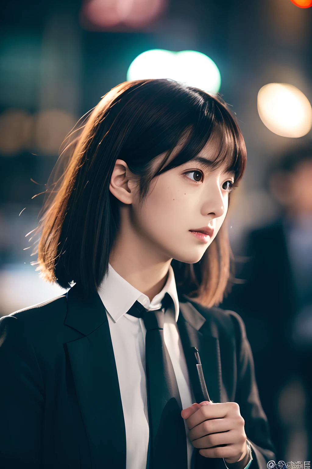 1girl,fullbody photo,japanese,25old year, black medium-length hair & green highlight,a little freckles,white shirts,Black long length necktie,night Urban city,Blue light up,Super high-quality output images,hight resolution,Intricate details,Hair fluttering in a very delicate and beautiful wind,photos realistic,Dreamy,Professional Lighting,realistic shadow,Solo Focus,Beautiful hands,Beautiful fingers,Detailed finger features,detailed clothes features,Detailed hair features,detailed facial features,