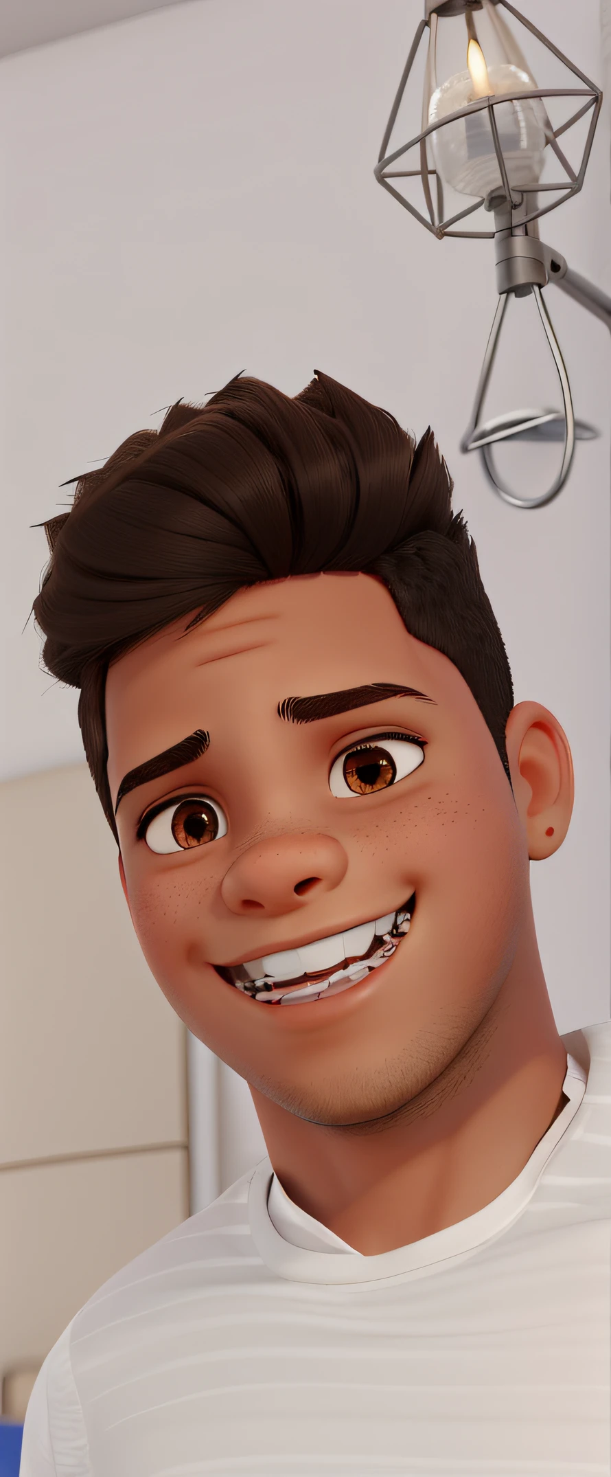 cor parda de cabelo crespo, idade de 14 anoindo, dentes com aparelho, brown eyes half-breed, nariz bolinha vestido com uma blusa branca em uma sala de estar