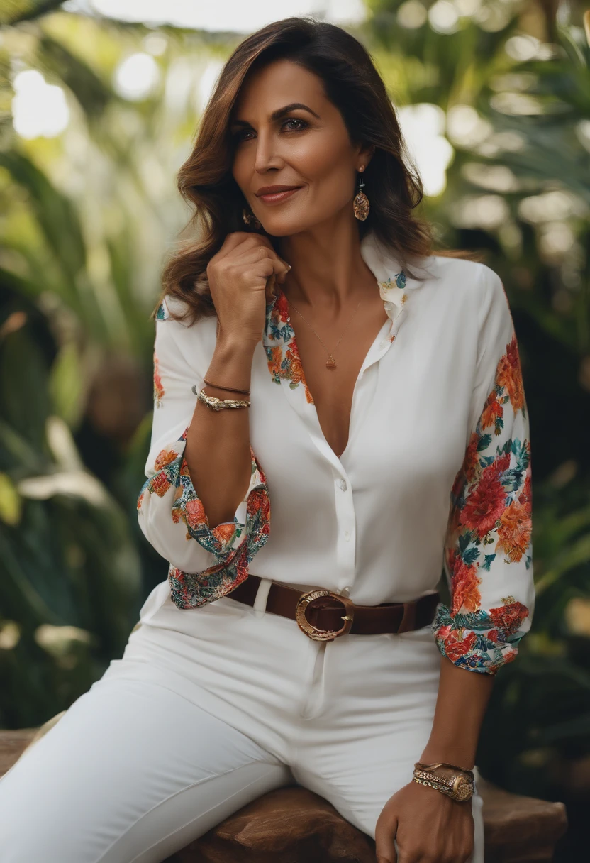 mulher , 43 anos , brasileira, jeeans pants, camisa branca, morena, sorrindo,