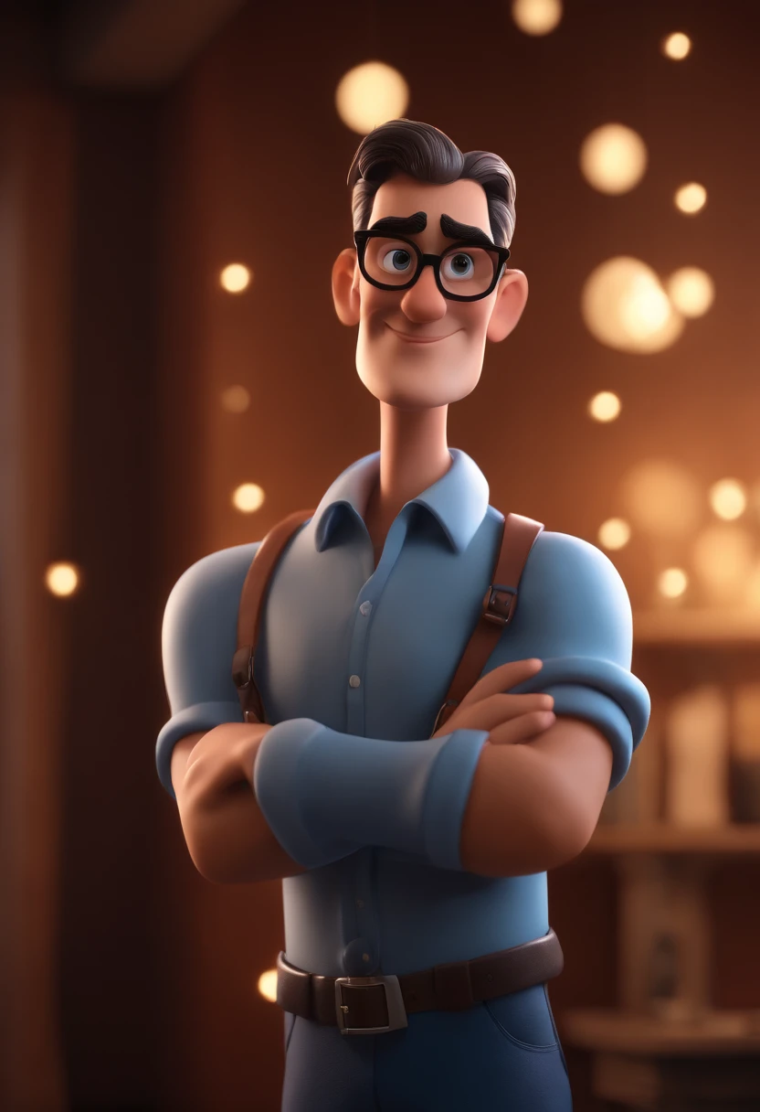 Cartoon character of a man with black glasses and a blue shirt, animation character, Caractere estilizado, animation style rendering, 3D estilizado, Arnold Maya render, 3 d render stylized, toon render keyshot, Personagem 3D, Personagem 3D, 3d rendering stylized, 3 d character render, personagem de desenho animado, Personagem de close up, Pose de personagem,  (Estilo Pixar) (master part:1.2) (Bokeh) (best quality) (pele detalhada) (textura detalhada) (8k) (argila) (Cinematic lighting) (foco nítido