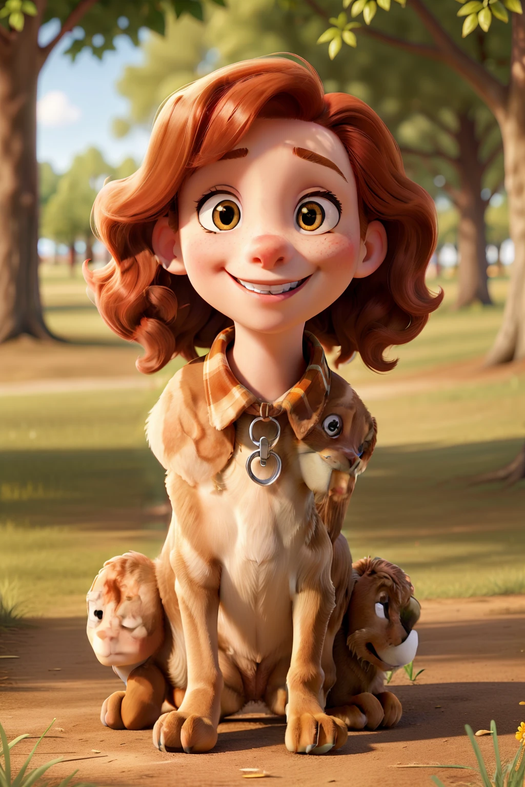 (best quality:1.2),6--old head girl with honey-colored eyes and a beautiful smile playing with a whippet dog of fawn color and honey-colored eyes in the park, masterpiece, high-res, ultra-detailed, realistic, vibrant colors, natural lighting