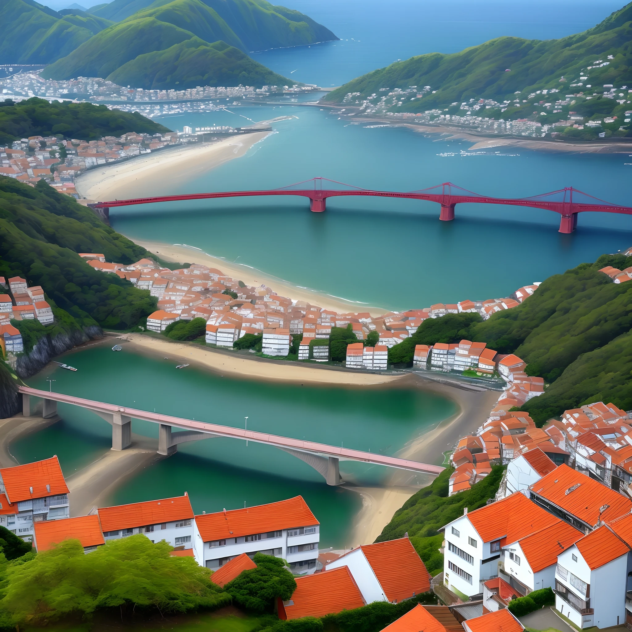 Ilhabela com uma ponte gigantesca que levanta sozinha para navios passar, connecting San Sebastian