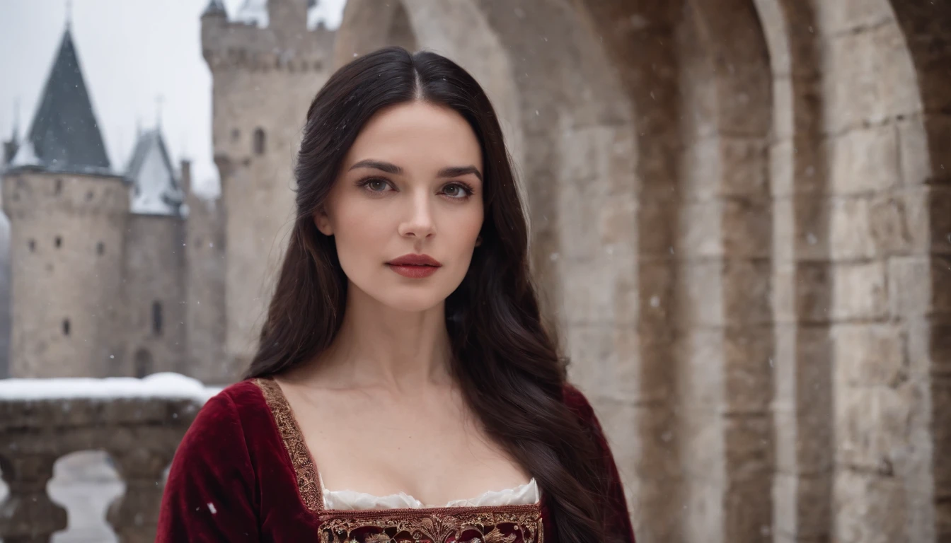 beautiful young noble woman with long black hair and brown eyes wearing a crimson gown standing in the shadows of a snowy castle balcony, medieval Hungary, midnight, snow storm, eerie, scary, mysterious, suspense, cinematic, 8k, cinematic scene from film,