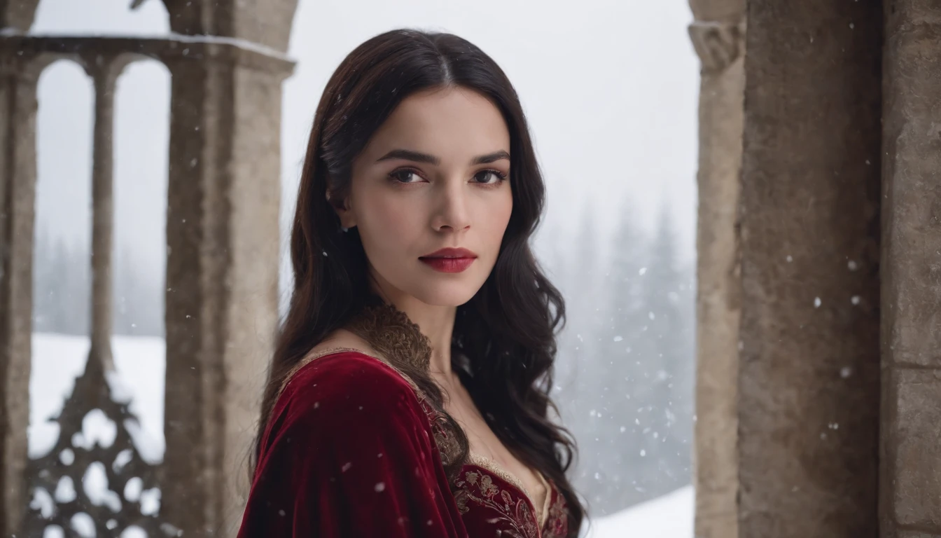 beautiful young noble woman with long black hair and brown eyes wearing a crimson gown standing in the shadows of a snowy castle balcony, medieval Hungary, midnight, snow storm, eerie, scary, mysterious, suspense, cinematic, 8k, cinematic scene from film,