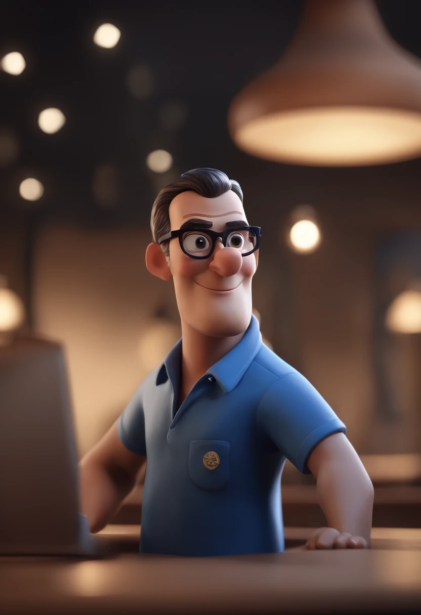 Cartoon character of a man with black glasses and a blue shirt, animation character, Caractere estilizado, animation style rendering, 3D estilizado, Arnold Maya render, 3 d render stylized, toon render keyshot, Personagem 3D, Personagem 3D, 3d rendering stylized, 3 d character render, personagem de desenho animado, Personagem de close up, Pose de personagem, (Estilo Pixar) (master part:1.2) (Bokeh) (best quality) (pele detalhada) (textura detalhada) (8k) (argila) (Cinematic lighting) (foco nítido