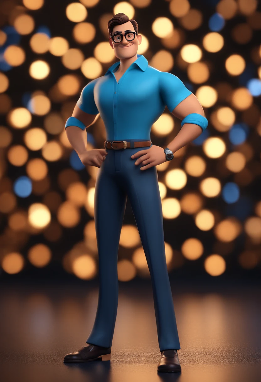 Cartoon character of a man with black glasses and a blue shirt, animation character, Caractere estilizado, animation style rendering, 3D estilizado, Arnold Maya render, 3 d render stylized, toon render keyshot, Personagem 3D, Personagem 3D, 3d rendering stylized, 3 d character render, personagem de desenho animado, Personagem de close up, Pose de personagem,  (Estilo Pixar) (master part:1.2) (Bokeh) (best quality) (pele detalhada) (textura detalhada) (8k) (argila) (Cinematic lighting) (foco nítido