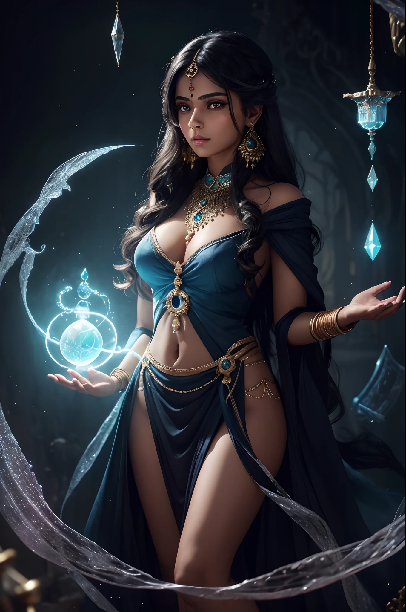 Extremely detailed really cute young indian looking woman with sorceress black-gown, magic, (full body) (dark eyes) (tanned) glowy blue and yellow smoke, (beautifully detailed alchemist room) soft colors, soft tetrad colors, crystal earrings, dark ambient, cartoonish vector, volumetric lights, very detailed secret room scenery with floating gems and crystals,art by MSchiffer, best quality, (indian:1) (focus on correct anatomy) (chromatic aberration:1.5)(brightness 3) good complementary illumination