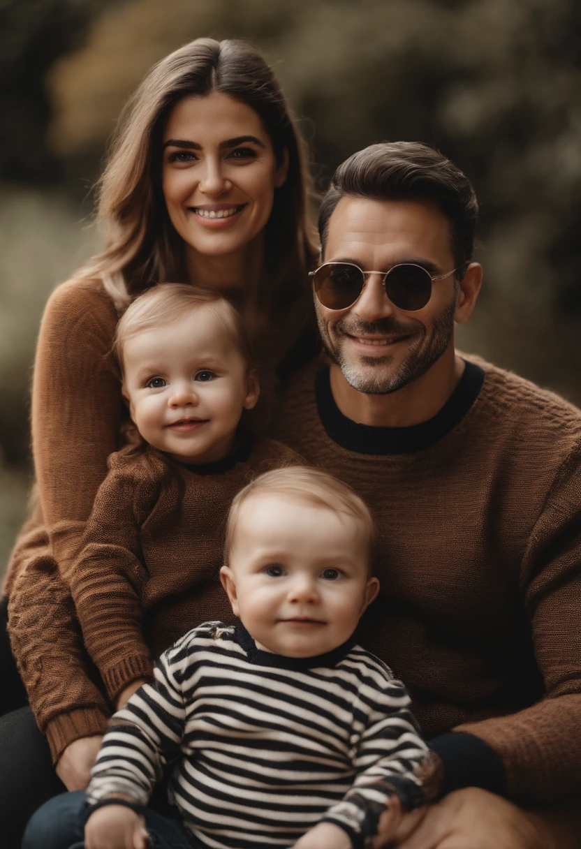 Homem de oculos, Black shirt, white stripes and woman sitting with a 2  girl, roupas de cor quente, wearing a sweater, sweater, cores quentes e aconchegantes, family portrait, Happy family, em estilo de ultra realista, wearing sweater, retrato de alta qualidade, marido esposa e filho, roupas intrincadas, made of wool, portrait of family of three, camisola castanha, he is wearing a brown sweater, estilo