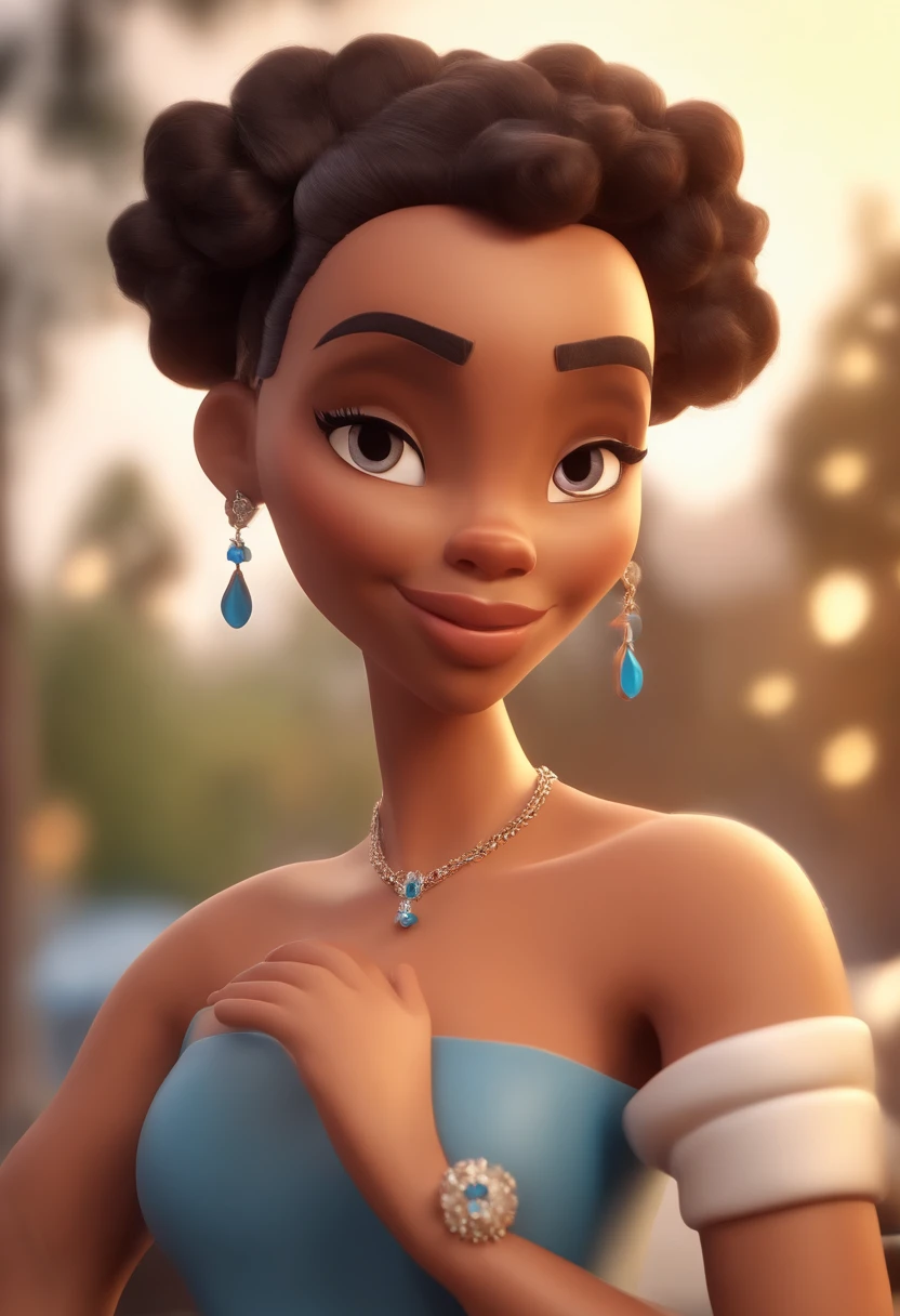 personagem dos desenhos animados de uma mulher com pele negra e um vestido azul com o cabelo alisado, animation character, Caractere estilizado, animation style rendering, 3D estilizado, Arnold Maya render, 3 d render stylized, toon render keyshot, Personagem 3D, Personagem 3D, 3d rendering stylized, 3 d character render, personagem de desenho animado, Personagem de close up, Pose de personagem,  (Estilo Pixar) (master part:1.2) (Bokeh) (best quality) (pele detalhada) (textura detalhada) (8k) (argila) (Cinematic lighting) (foco nítido