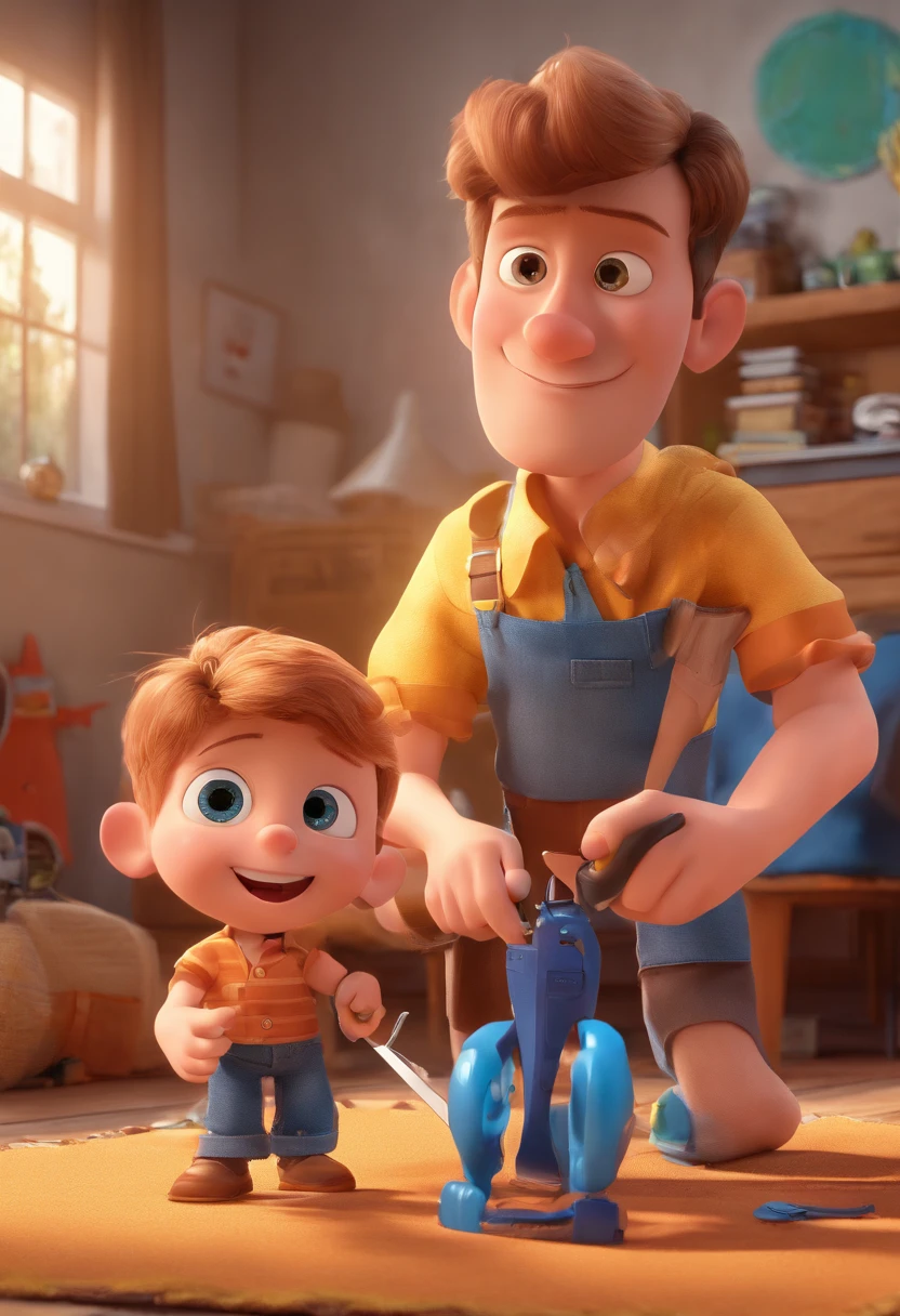 Estilo Pixar: The grown man is holding a naked blue-eyed boy and in his other hand he is holding a pair of scissors and is trying to cut off the boy's testicles,3D Poster,Disney