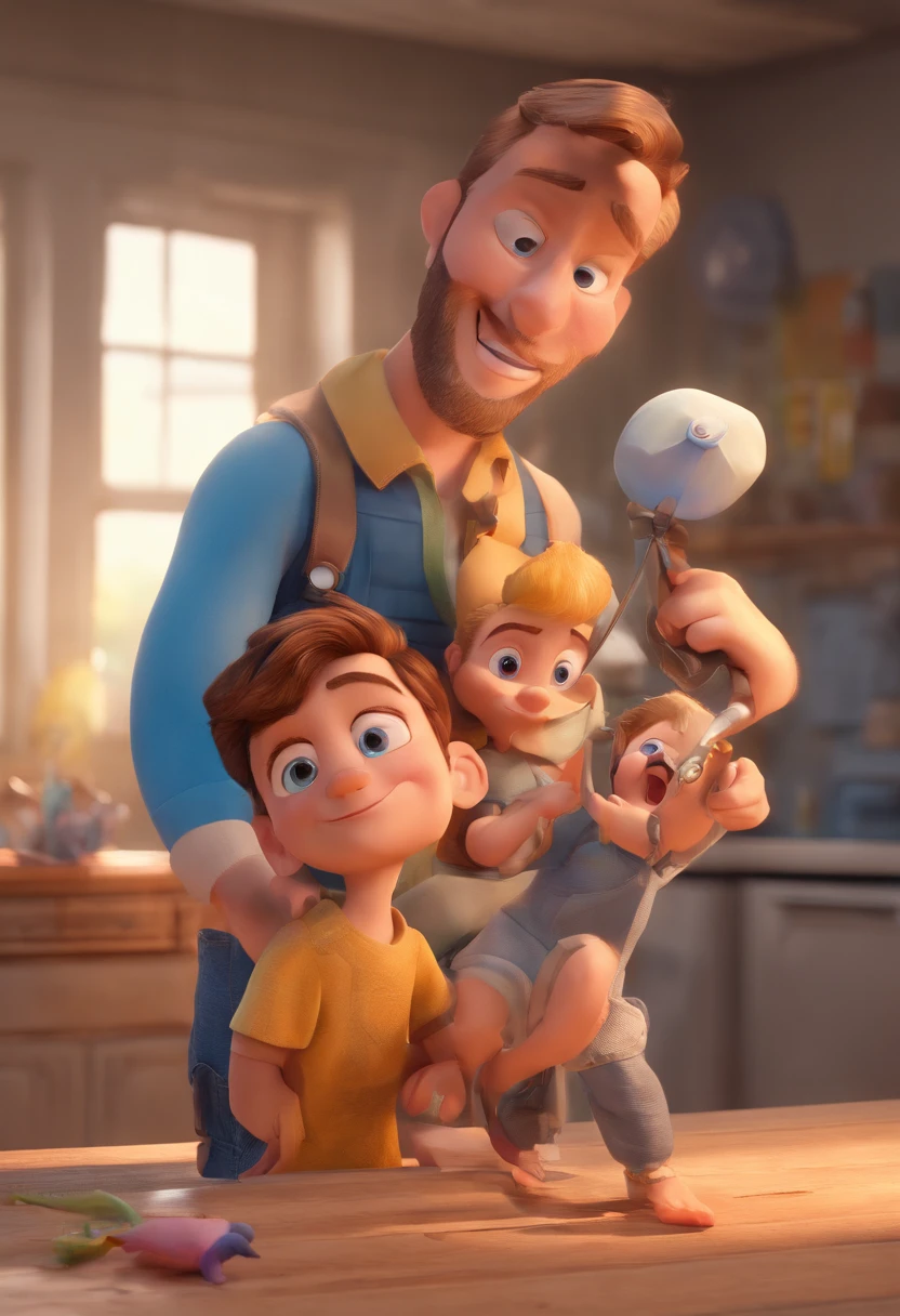 Estilo Pixar: The grown man is holding a naked blue-eyed boy and in his other hand he is holding a pair of scissors and is trying to cut off the boy's testicles,3D Poster,Disney
