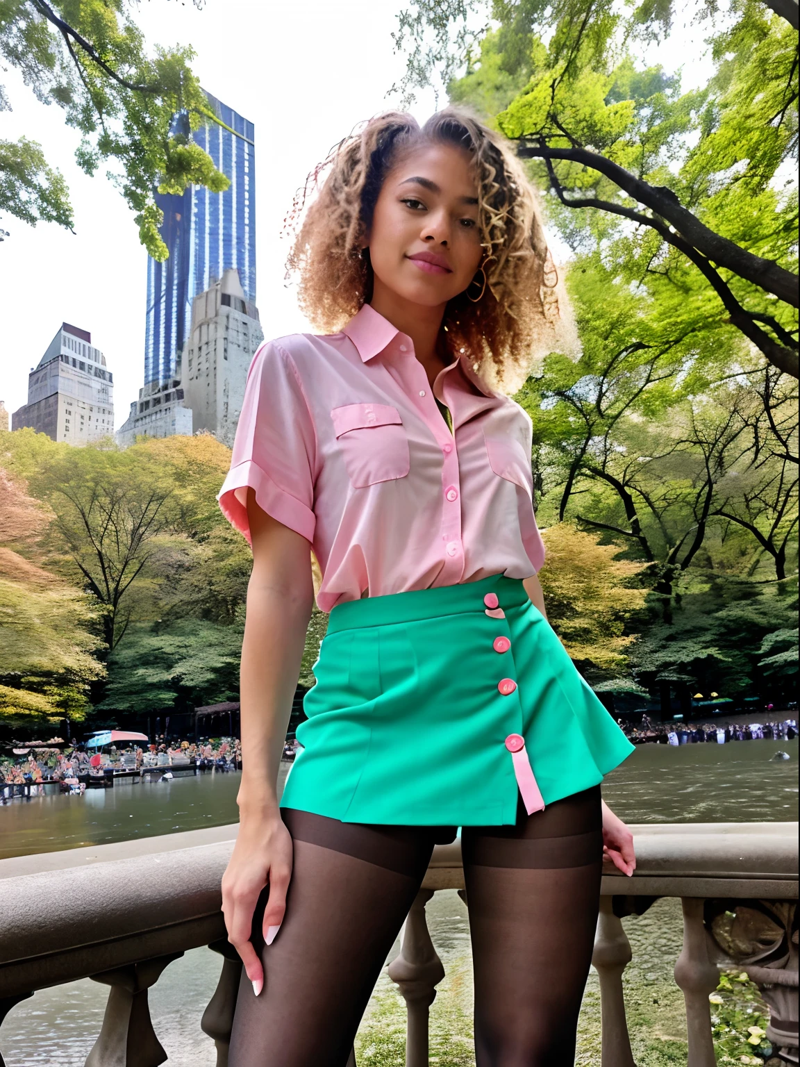 Show entire body, feet in view, aerial view, Zendaya, blonde curly hair, pink button down shirt, green short skirt, pantyhose, high heels, Central Park