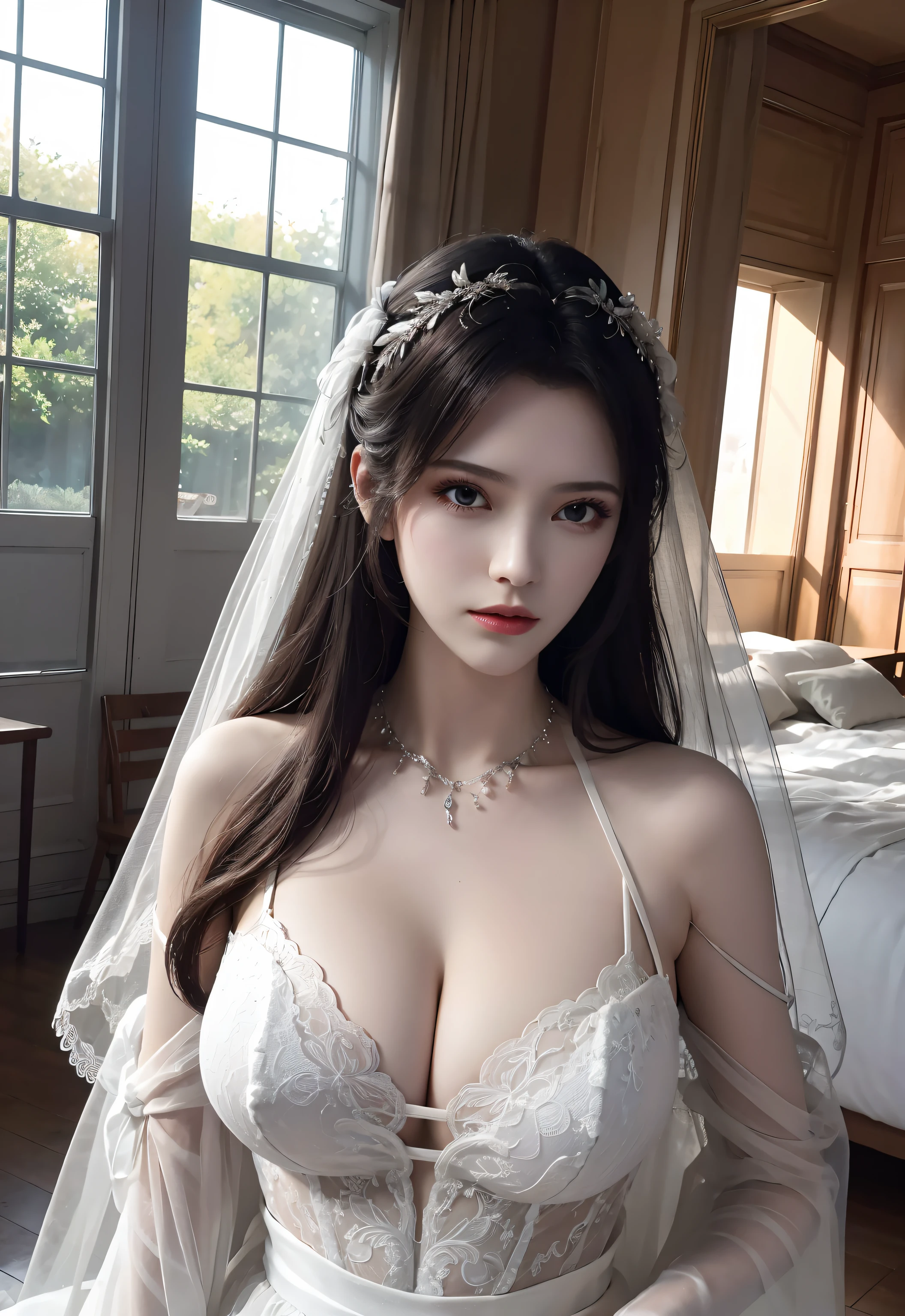 huge tit，Sheer tulle sheer wedding dress。