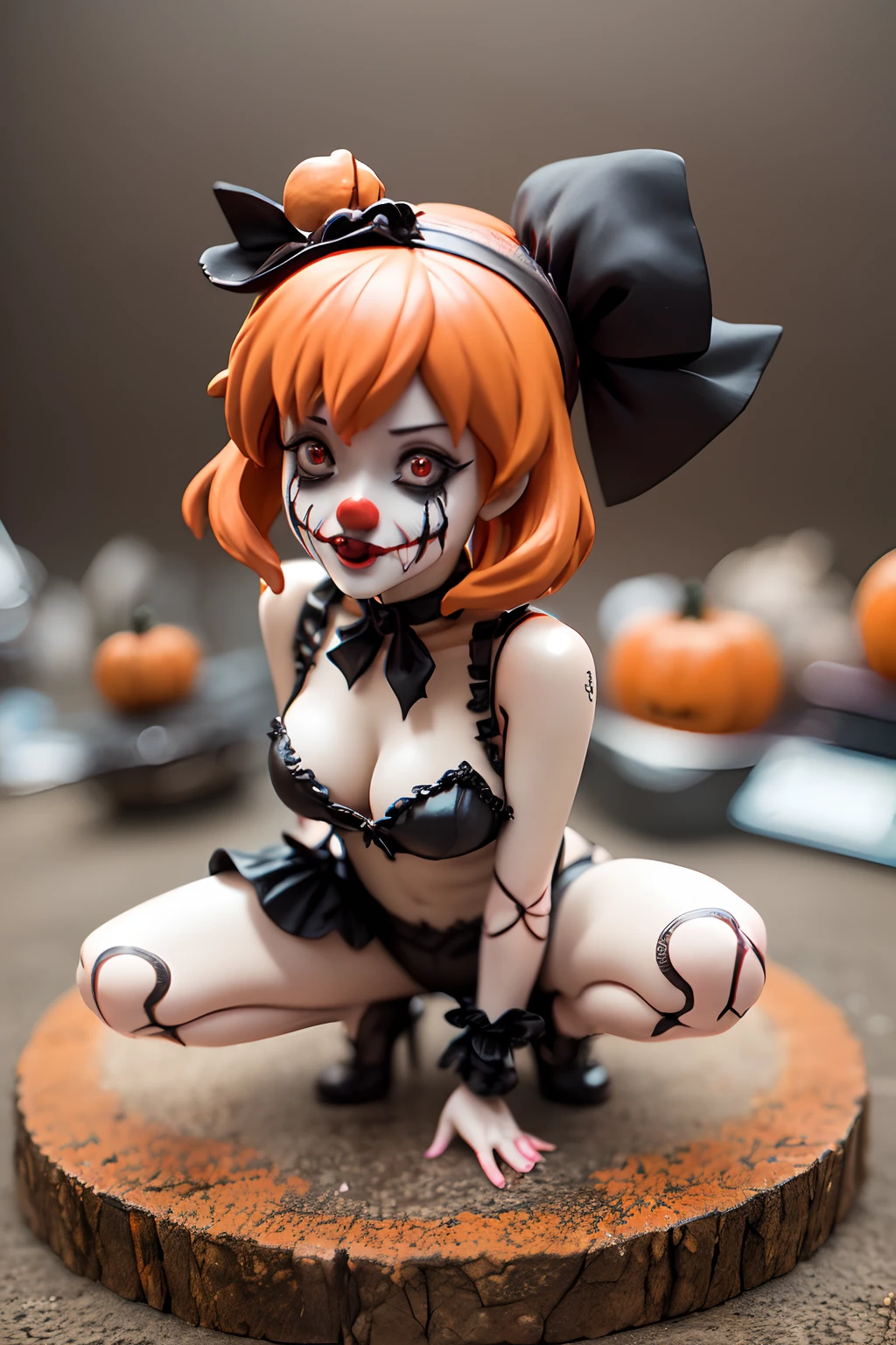 arafed clown ((scary)) ((halloween)), ((female)), ((clown)) ((Vey ????)) , avant garde fashion model pop up parade figure, seductive anime girl, anime figure, (anime figurine), seductive. highly detailed, aoshima chiho, ( highly detailed figure ), pvc figurine ((top view)) ((squatting))