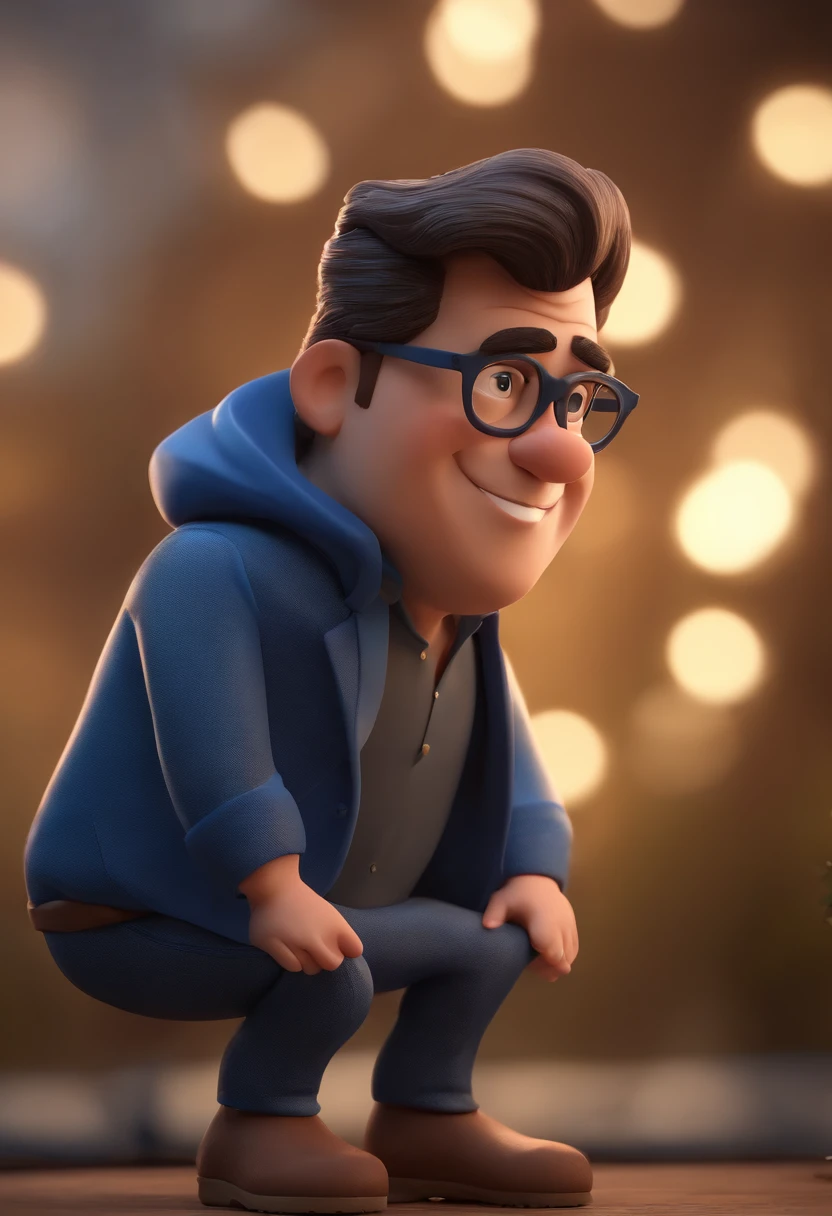Cartoon character of a man wearing black glasses and a blue shirt, um personagem animado, Caractere estilizado, animation style rendering, 3D estilizado, Arnold Maya render, 3 d render stylized, toon render keyshot, Personagem 3D, Personagem 3D, 3d rendering stylized, 3 d character render, personagem de desenho animado, Personagem de close up, Pose de personagem, (Estilo Pixar) (master part:1.2) (Bokeh) (best quality) (pele detalhada) (textura detalhada) (8k) (argila) (Cinematic lighting) (foco nítido,Senta e vaza a parte superior do corpo