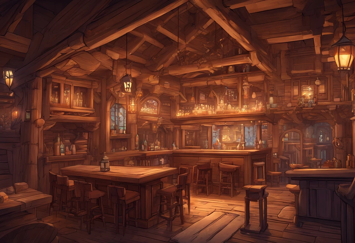 A close up of a wooden bar with a lot of lights - SeaArt AI
