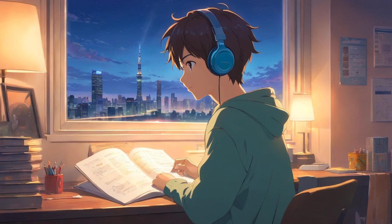 masterpiece, best quality, movie still, 1boy with headphones, bedroom, reading, desk with lamp, city view outside window, bright, happy, warm soft lighting, relaxing, (sparks:0.7)