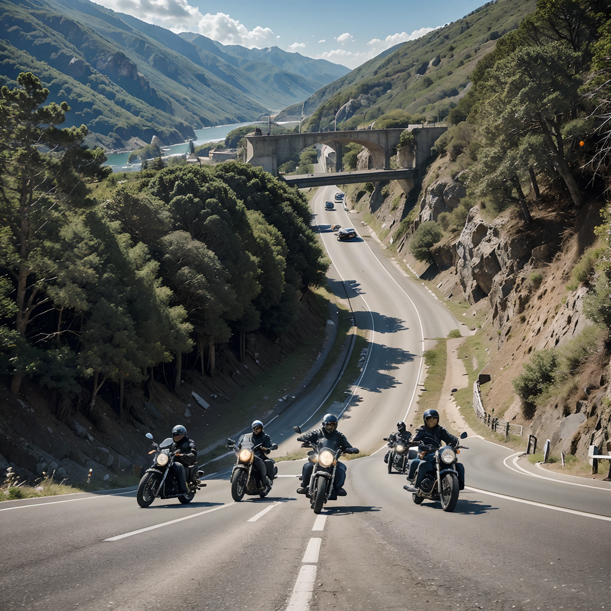 motorcycle club meeting group of motorcyclists descending a winding road between the mountains by the sea with their motorcycles. Clear, sunny day with a big sun reflecting off the sea