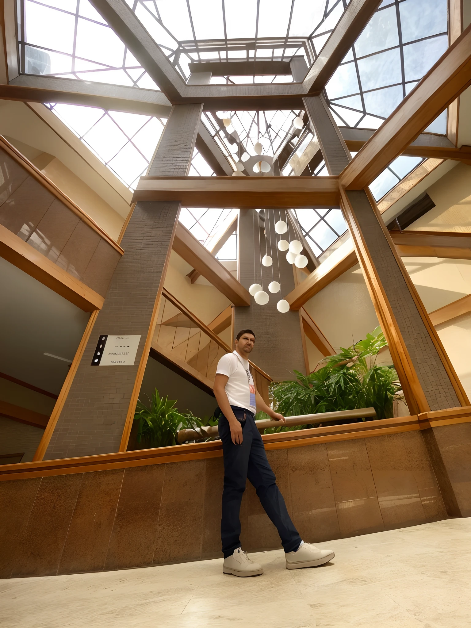 There's a man standing in a building with a skateboard, atrium, tiro ambiental, inside the building, dentro de um grande, Inside the building, Retrato no meio da foto, foto de retrato, grandes tectos de vidro, arhitectural shot, tiro para cima, advertising photo, Retrato de alto, foto retrato, natural lighting, Tiro no meio, Meio - tiro, tetos muito altos