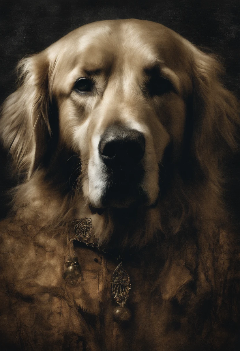 (um Golden Retriever vestindo fantasias de Halloween),oil painting,textura detalhada do pelo,Expressive eyes and facial features,fundo festivo,Playful and naughty pose,(best quality,alta resolução,circunstanciado:1.2),(Realistic,fotorrealista:1.37),paleta colorida,Pumpkin and bat decorations,Soft lighting and Warm