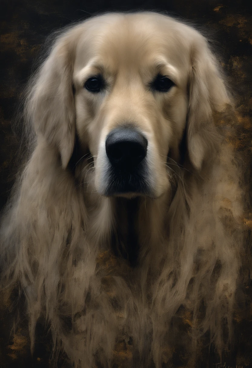 (um Golden Retriever vestindo fantasias de Halloween),oil painting,textura detalhada do pelo,Expressive eyes and facial features,fundo festivo,Playful and naughty pose,(best quality,alta resolução,circunstanciado:1.2),(Realistic,fotorrealista:1.37),paleta colorida,Pumpkin and bat decorations,Soft lighting and Warm