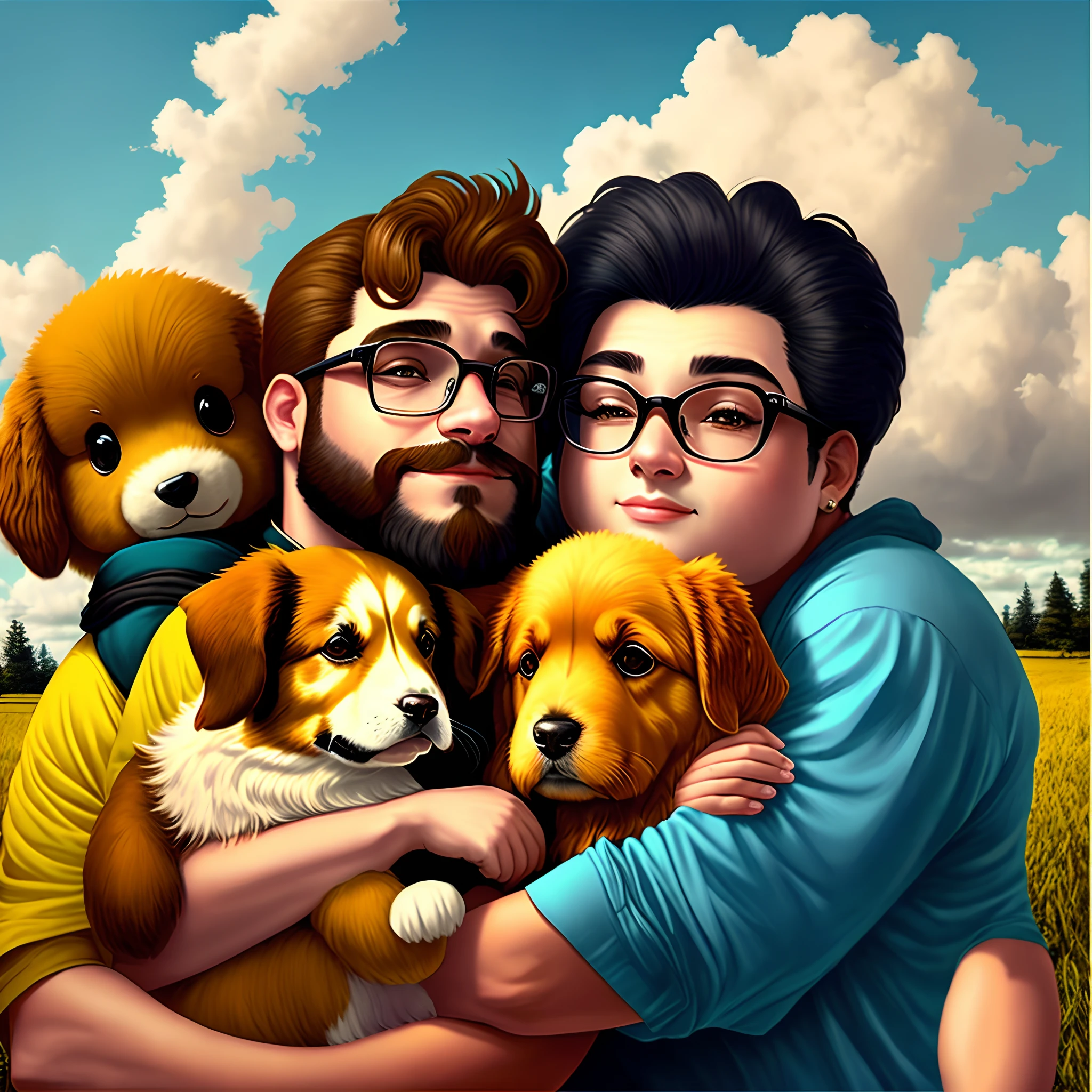 Criar desenho estilo Disney de um casal, mulher de cabelos castanhos, longo e ondulado, vestindo amarelo, homem gordo, vestindo preto, cabelo preto, Beard and glasses with black prescription frame. Hugged with golden retriever with a stuffed blue rabbit. Fundo da foto cidade nas montanhas com casa de campo