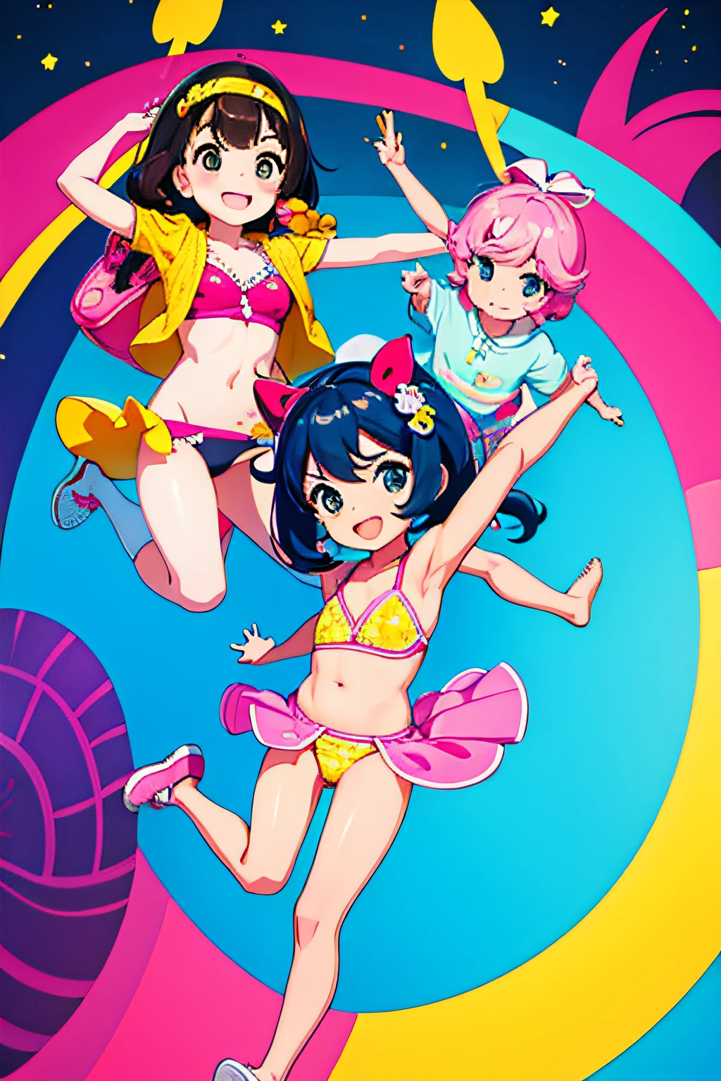 3chicas, colores vibrantes, Candyland, bikini, saludando a la camara, dulces cayendo del cielo