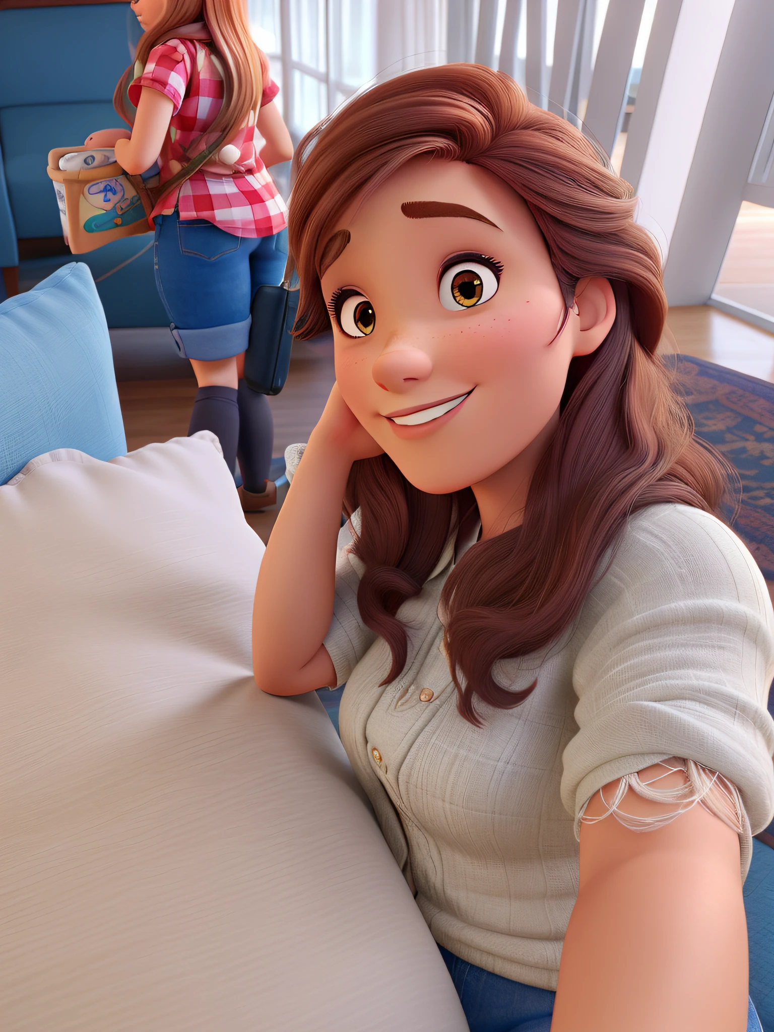 Uma mulher de cabelos marron, estilo Disney Pixar, alta qualidade, melhor qualidade