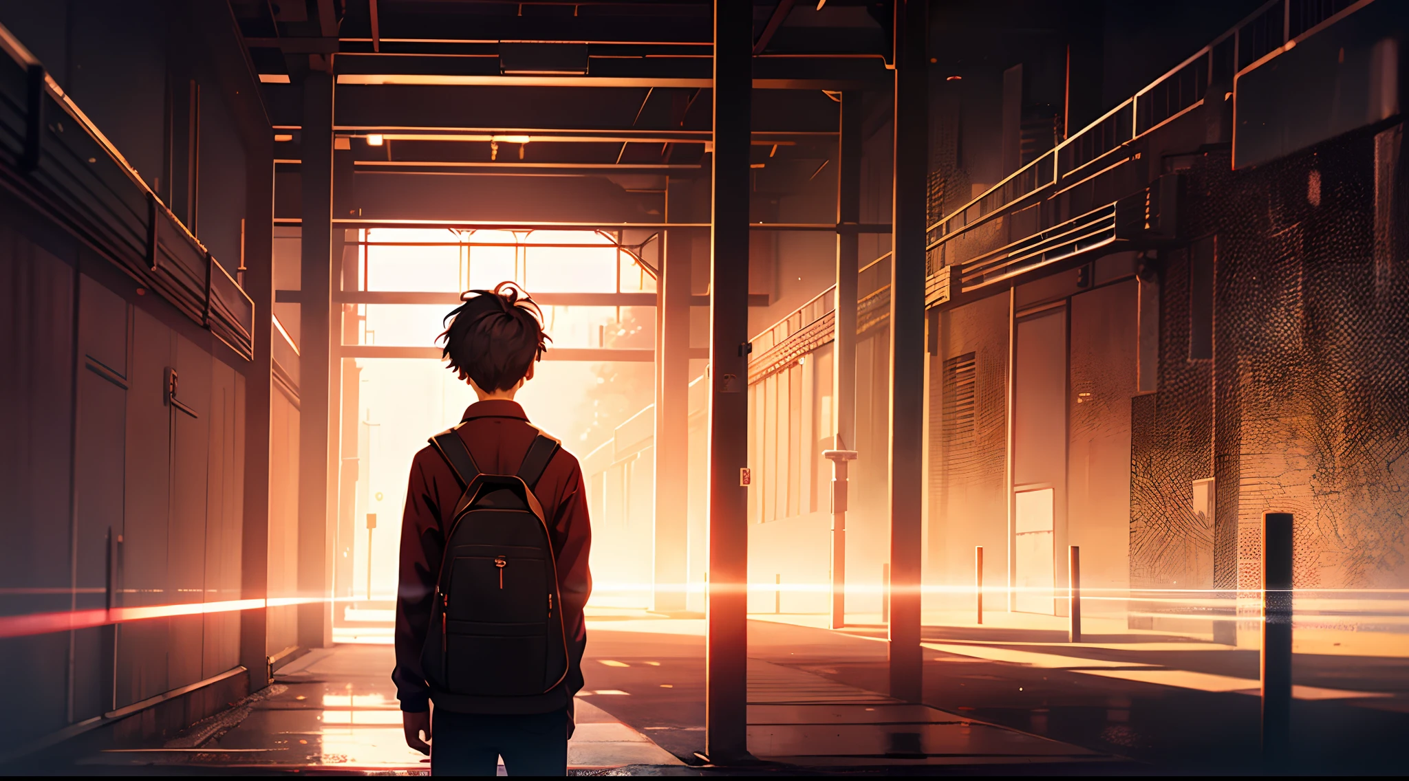 dark red background, lonely boy, back view, school, high quality