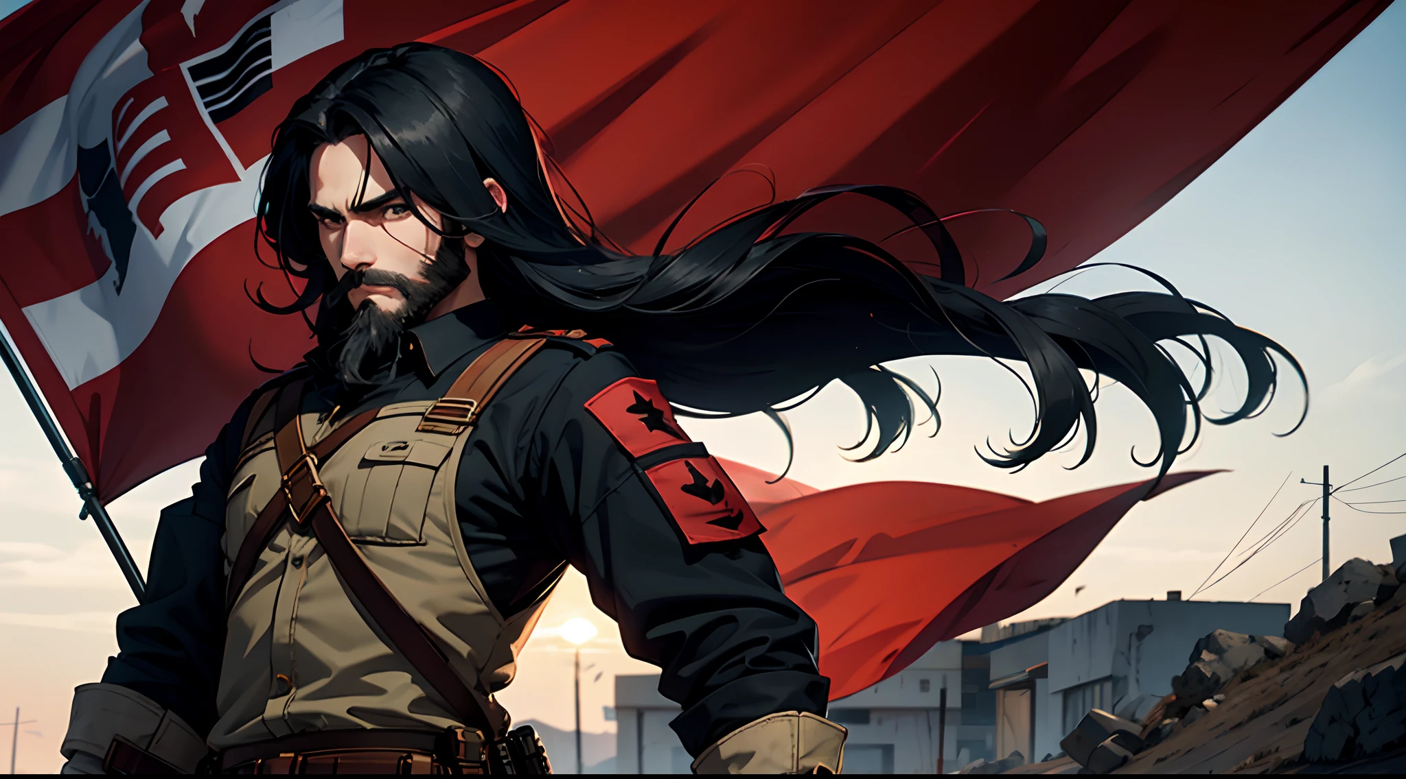 soldier with long black hair, short beard, red banner. holding a pistol. overlooking a battleground
