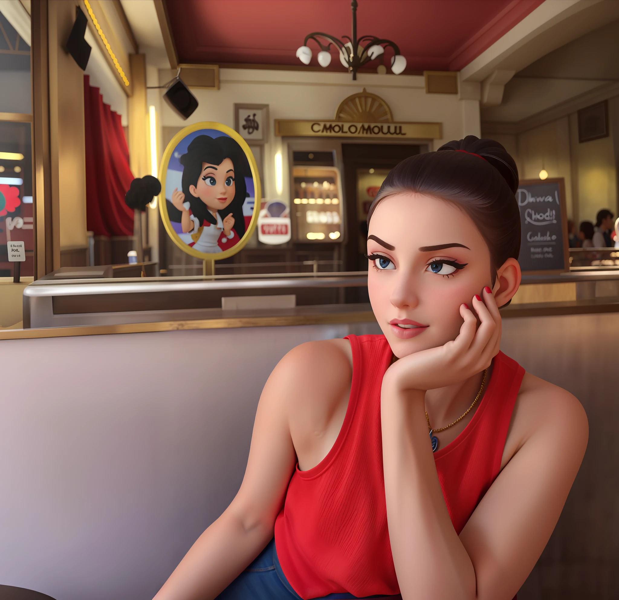 a white girl, de cabelo escuro, camiseta vermelha, with your hand on your face, Against the backdrop of the Café Moulin Rouge, estilo Disney Pixar, alta qualidade, best resolution