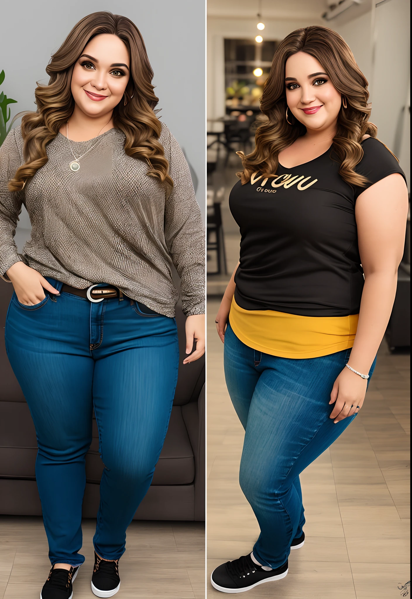 Photographer: Overweight 35 year old woman, light brown hair, medium wavy, olhos castanhos, jeans and black t-shirt, acima do peso com lindas curvas , in party settings. fazer estilo desenho 3D pixar