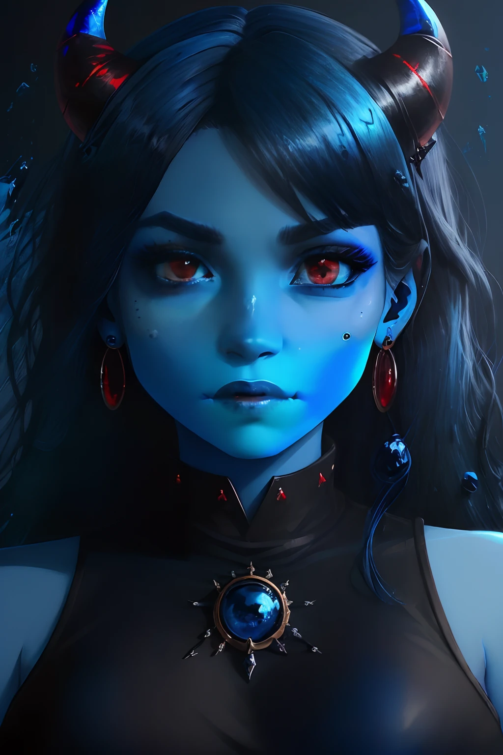 ((((Red Eyes))))) Devil's Eye, (Blue skin:2), lava ((top-quality)), ((​masterpiece)), ((realist)), (detailliert),animesque、anime styled、 (1 Women）Earring-only accessories、Close-up portrait of a female demon with dark brown hair and devil horns、Very beautiful and bright eyes, Like crystal glass、Tank tops、summer clothing、High-definition 4K digital art、Awesome Digital Illustration、Stunning 8K illustrations、colorfull digital fantasy art、colourfull&Bright、Beautiful digital artwork、Colorful Digital Anime Art、Portrait of a beautiful woman、8K HD Digital Wallpaper Art、 Gorgeous Digital Painting, giga_busty