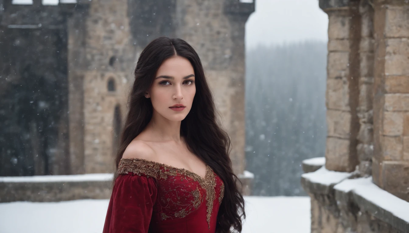 midnight beautiful young noble woman with long black hair and brown eyes wearing a crimson gown stands on a snowy castle balcony, medieval Hungary, midnight, snow storm, eerie, scary, mysterious, suspense, cinematic, 8k, cinematic scene from film,