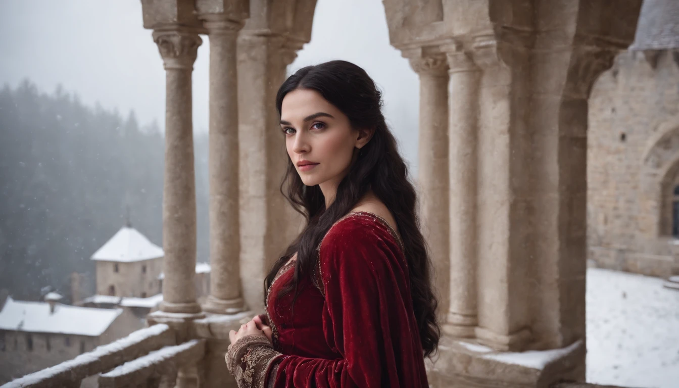 midnight beautiful young noble woman with long black hair and brown eyes wearing a crimson gown stands on a snowy castle balcony, medieval Hungary, midnight, snow storm, eerie, scary, mysterious, suspense, cinematic, 8k, cinematic scene from film,