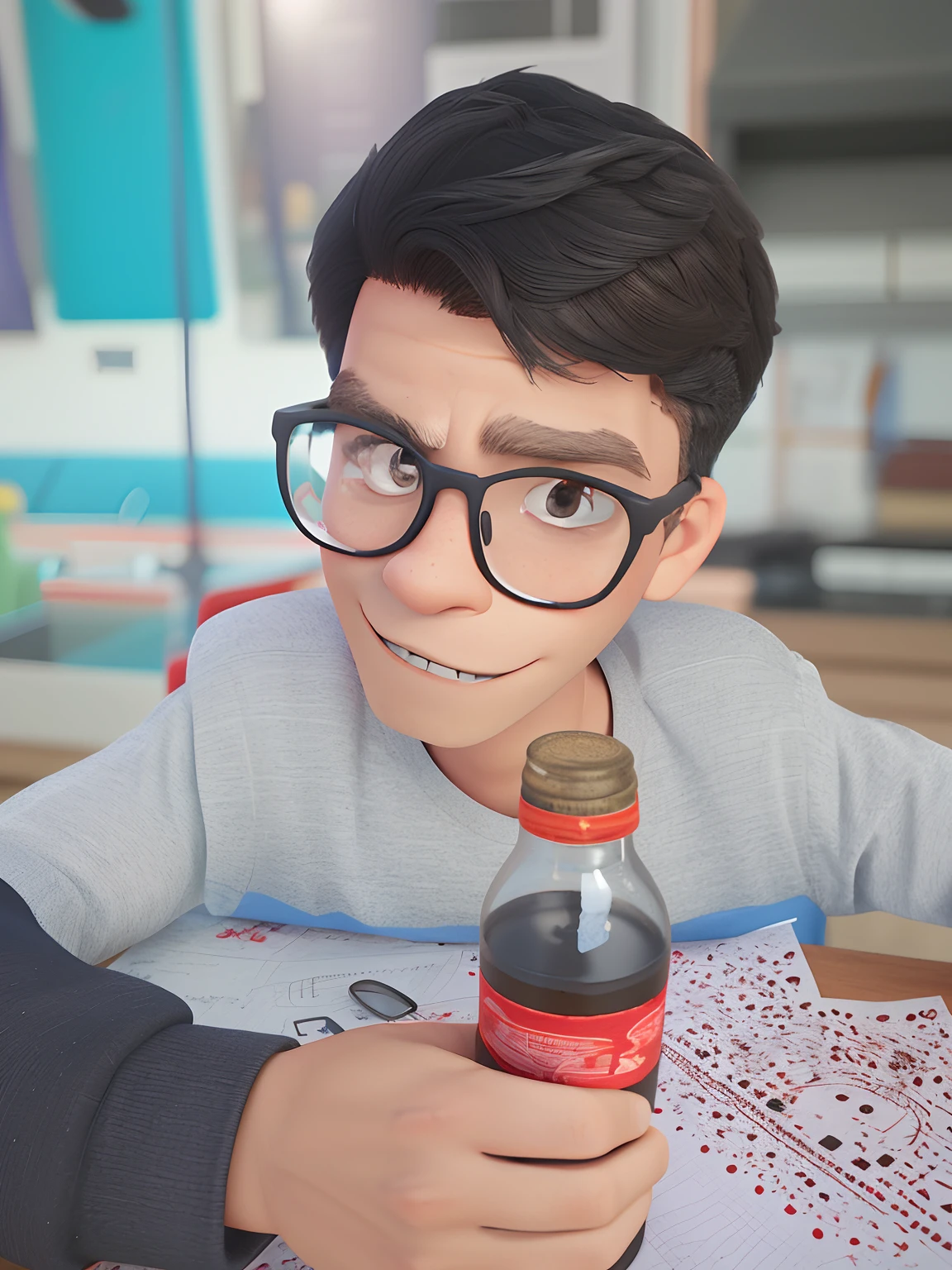 Retrato de um menino de 10 anos com roupa de cozinheiro branca, chef's hat, meio corpo, olhando para o telespectador, sorrindo, estilo chibi, cenario de cozinha, fundo desfocado, profundidade de campo, detalhado, desenho animado, desenho com tracos do desenhista alex ross, unreal engine, 8k