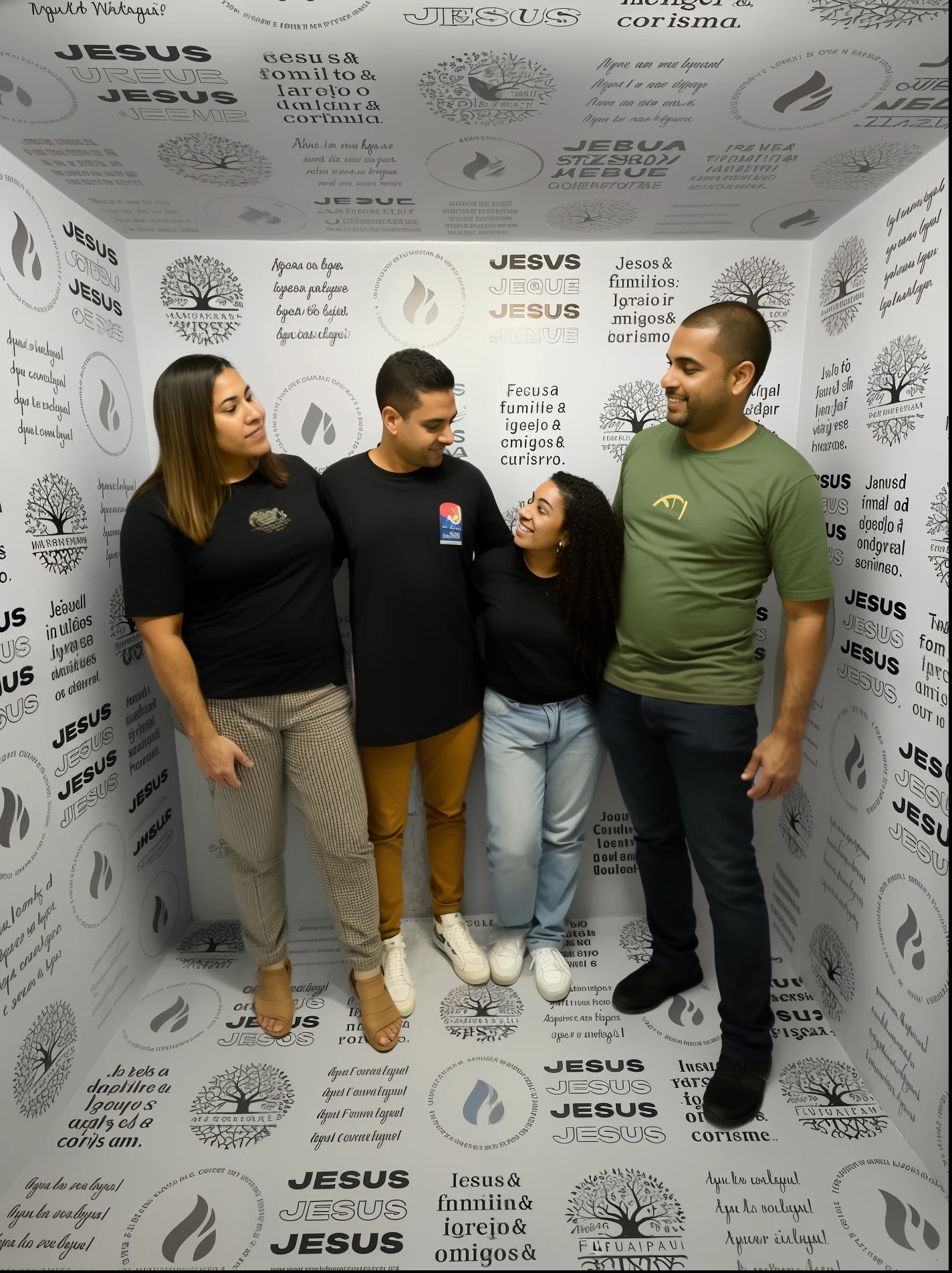 Four people standing in a room with a wall with the names of Jesus on it, photo shoot, foto de retrato de um pano de fundo, pixar. imagem interna, Family photo, pano de fundo, na frente do fundo branco, Photo Session, fotografia de corpo inteiro, standing with a black background, imagem de corpo inteiro, Altura total do corpo inteiro, background is celestial, foto de perfil, cut out of cardboard