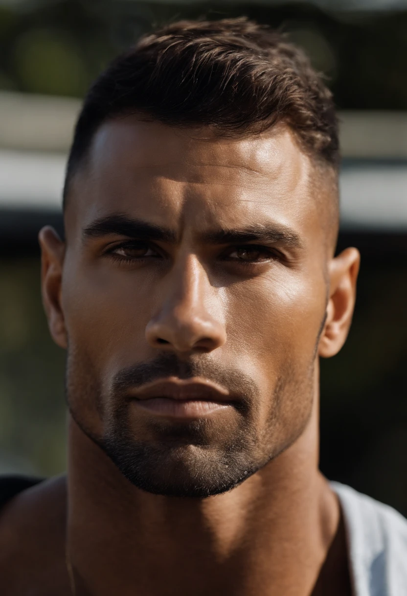 Um homem brasileiro similar ao "the rock", Rosto oval e viril, alto com cabelo e barba gray. He has a well-built body and looks like someone who just stepped out of a souped-up car movie. He has thick, straight lips, Sobrancelhas grandes pretas. Her skin is lightly tanned and her body is very muscular. Ele tem olhos negros e um queixo altivo.