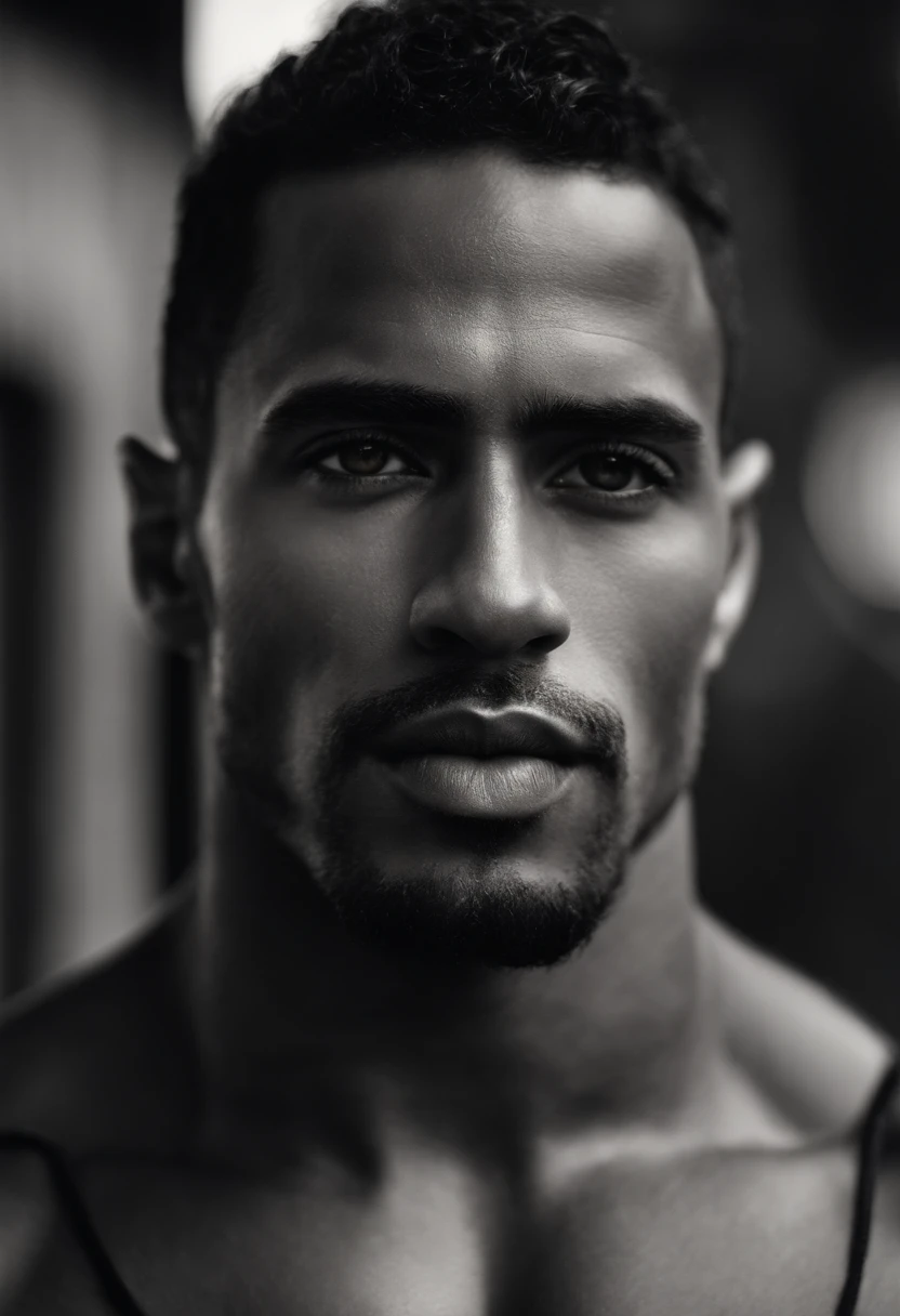 Um homem brasileiro similar ao "the rock", Rosto oval e viril, alto com cabelo e barba gray. He has a well-built body and looks like someone who just stepped out of a souped-up car movie. He has thick, straight lips, Sobrancelhas grandes pretas. Her skin is lightly tanned and her body is very muscular. Ele tem olhos negros e um queixo altivo.