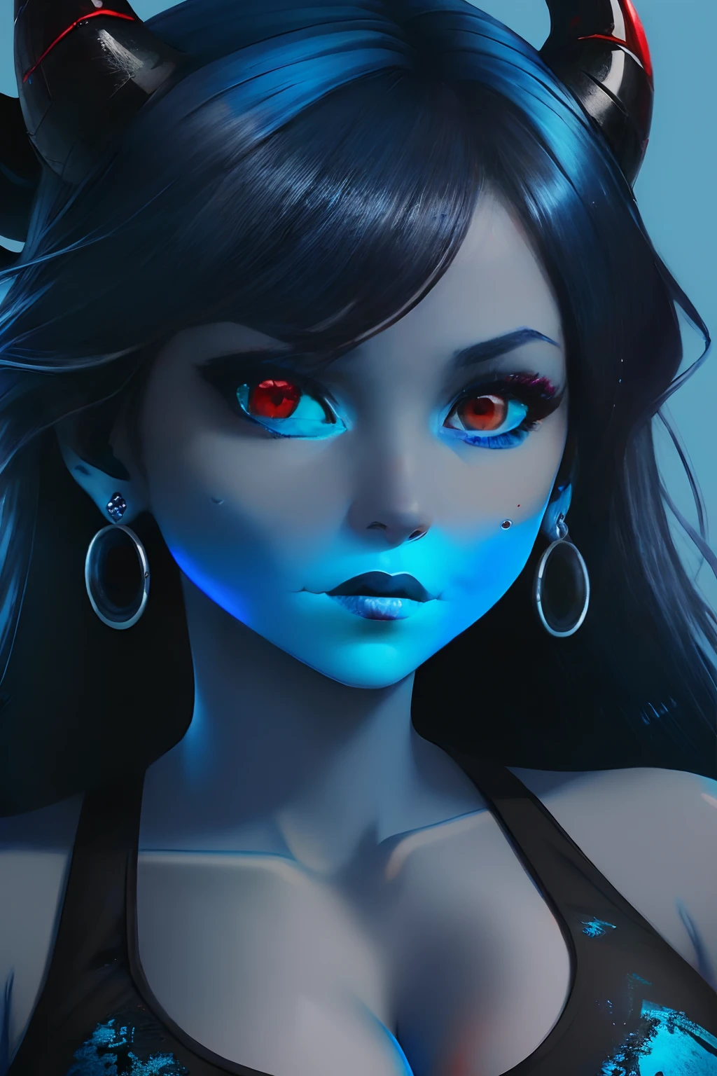 ((((Red Eyes))))) Devil's Eye, (Blue skin:2), lava ((top-quality)), ((​masterpiece)), ((realist)), (detailliert),animesque、anime styled、 (1 Women）Earring-only accessories、Close-up portrait of a female demon with dark brown hair and devil horns、Very beautiful and bright eyes, Like crystal glass、Tank tops、summer clothing、High-definition 4K digital art、Awesome Digital Illustration、Stunning 8K illustrations、colorfull digital fantasy art、colourfull&Bright、Beautiful digital artwork、Colorful Digital Anime Art、Portrait of a beautiful woman、8K HD Digital Wallpaper Art、 Gorgeous Digital Painting, giga_busty